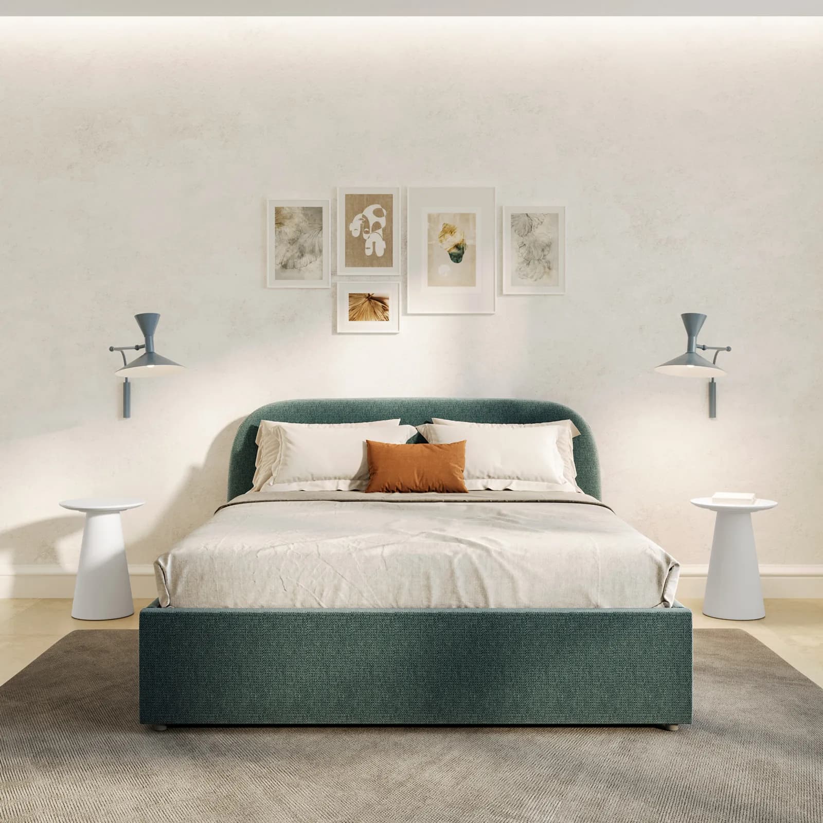 Letto matrimoniale 160x200 cm in tessuto verde salvia con contenitore - Rasmus