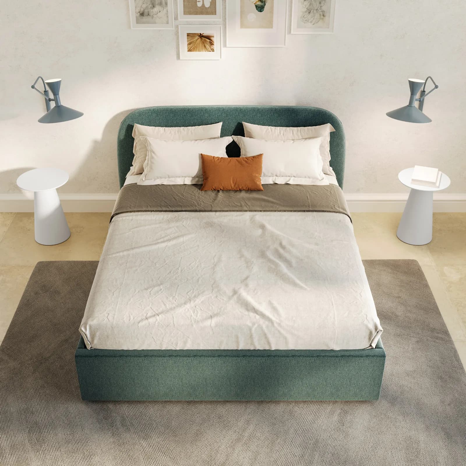Letto matrimoniale 160x200 cm in tessuto verde salvia con contenitore - Rasmus