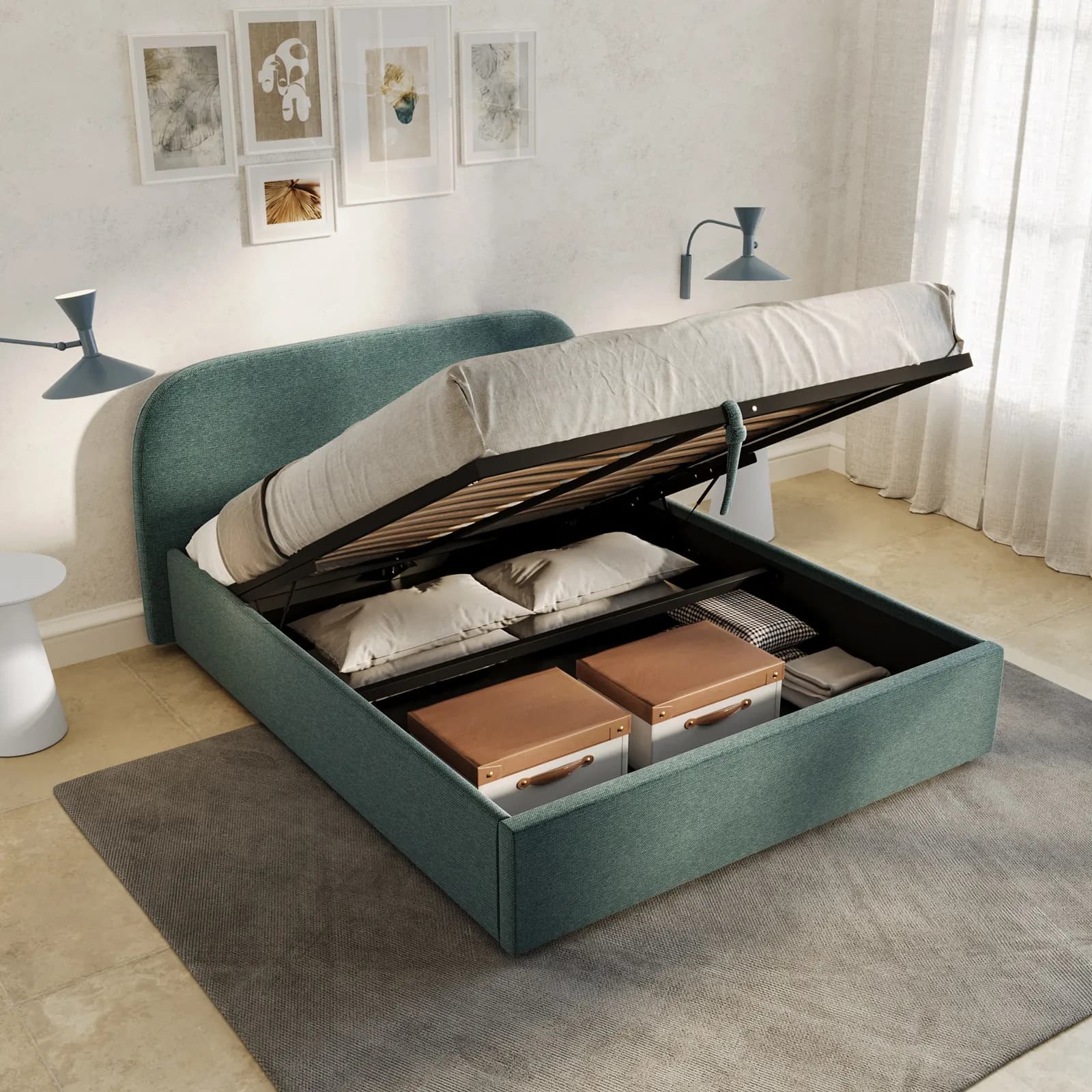 Letto matrimoniale 160x200 cm in tessuto verde salvia con contenitore - Rasmus