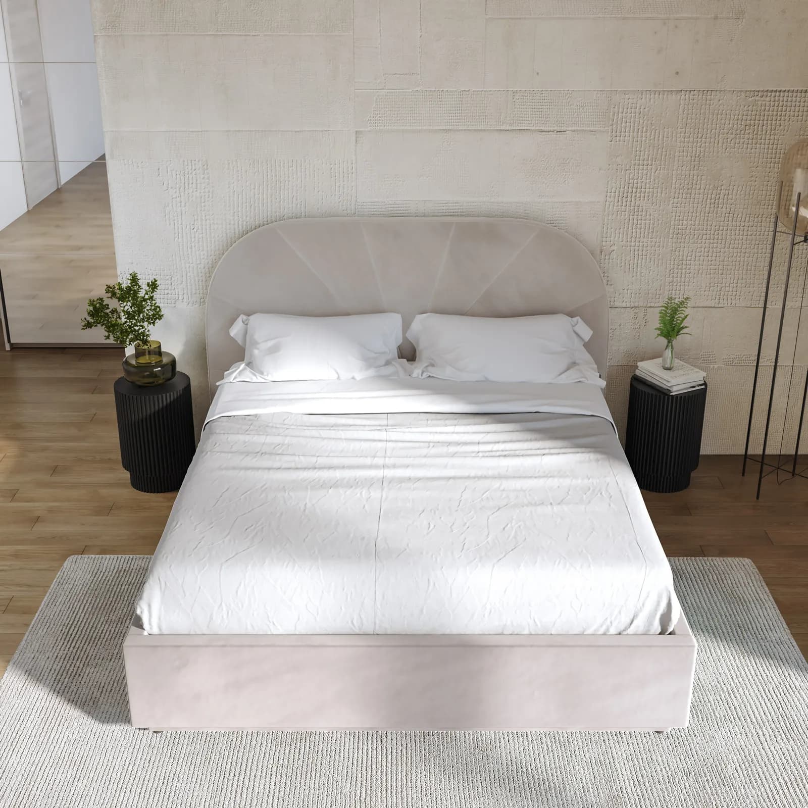 Letto matrimoniale 160x200 cm in velluto crema con contenitore - Liebe