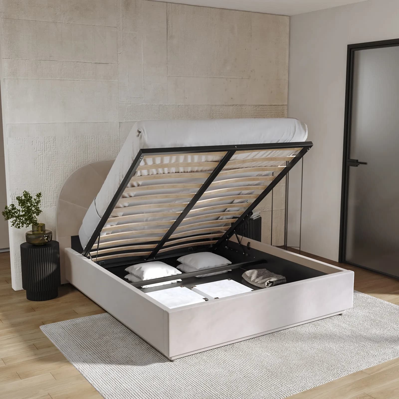 Letto matrimoniale 160x200 cm in velluto crema con contenitore - Liebe