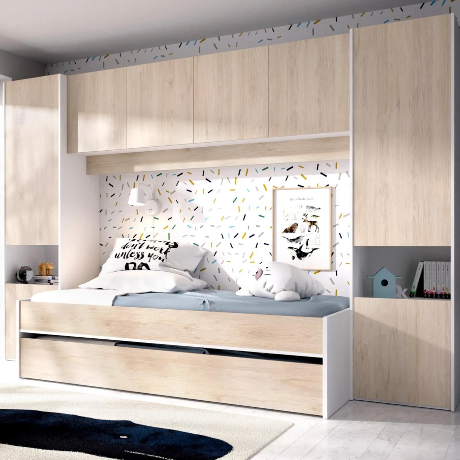 Cameretta a ponte 303x97 cm in legno bianco e naturale con letto estraibile e armadio - Kora