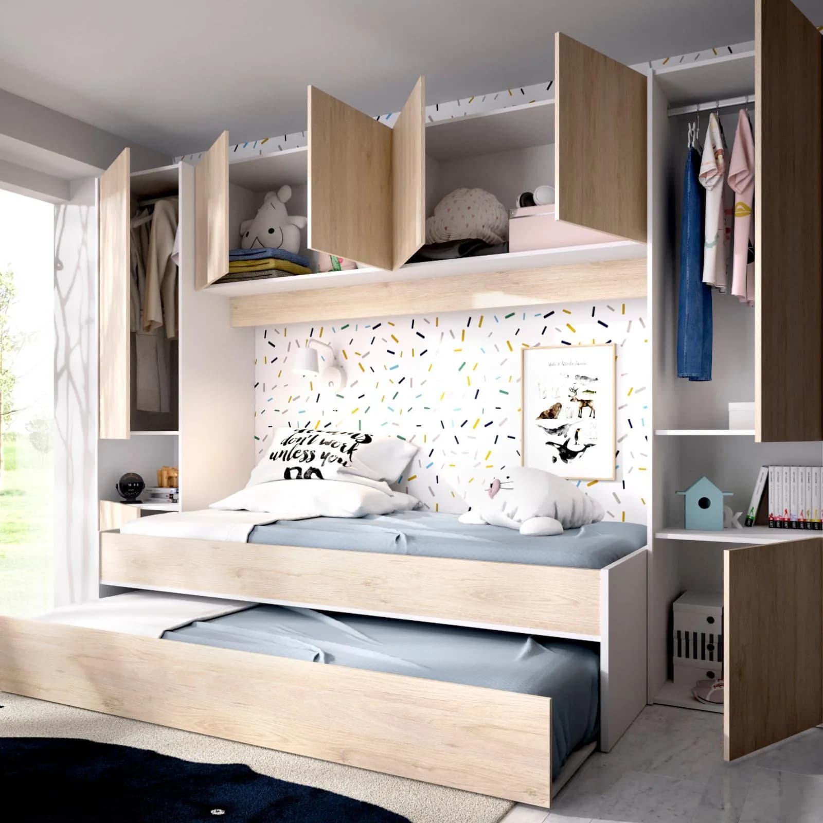 Cameretta a ponte 303x97 cm in legno bianco e naturale con letto estraibile e armadio - Kora