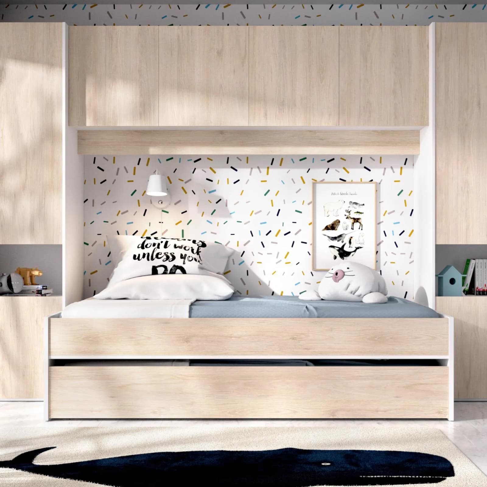 Cameretta a ponte 303x97 cm in legno bianco e naturale con letto estraibile e armadio - Kora