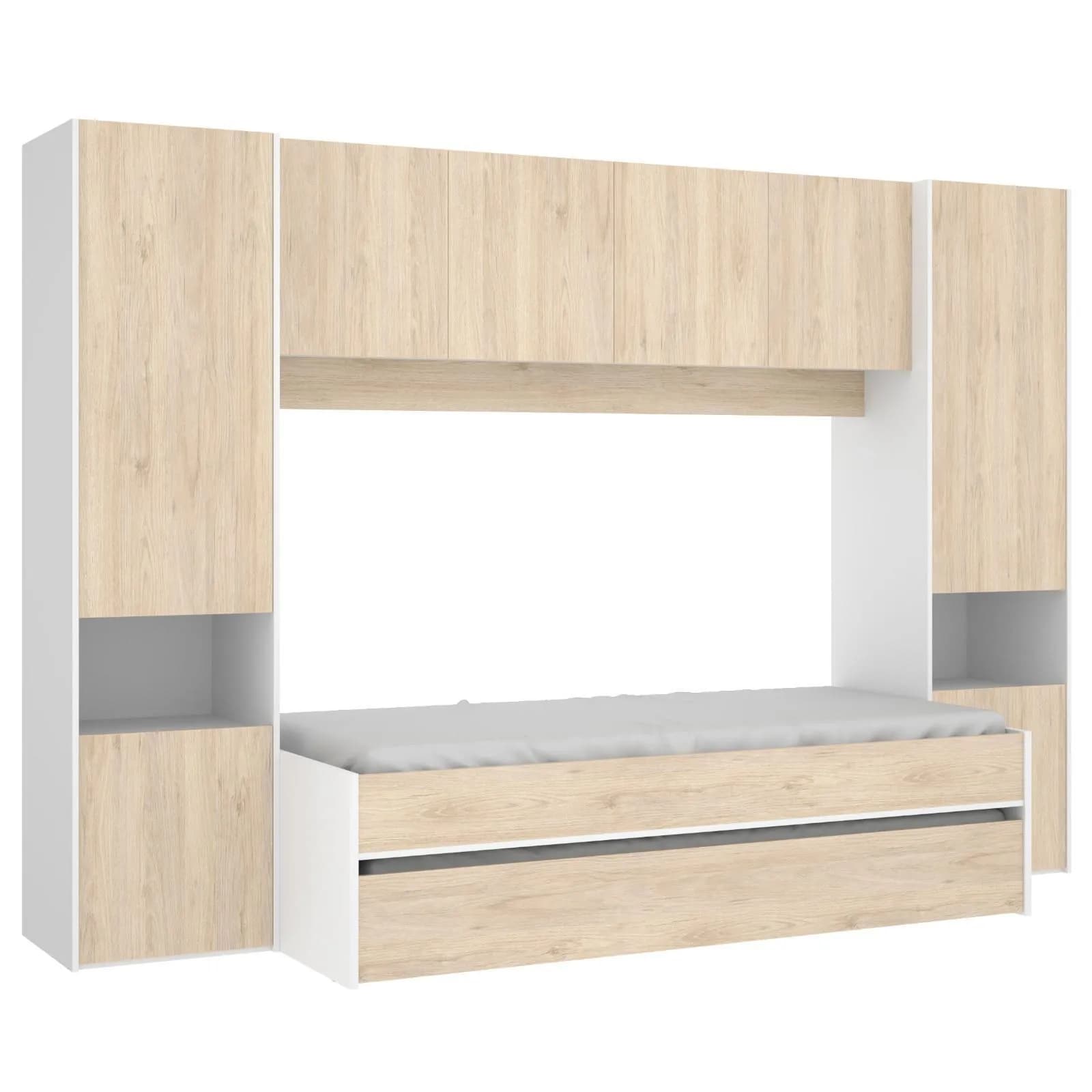Cameretta a ponte 303x97 cm in legno bianco e naturale con letto estraibile e armadio - Kora