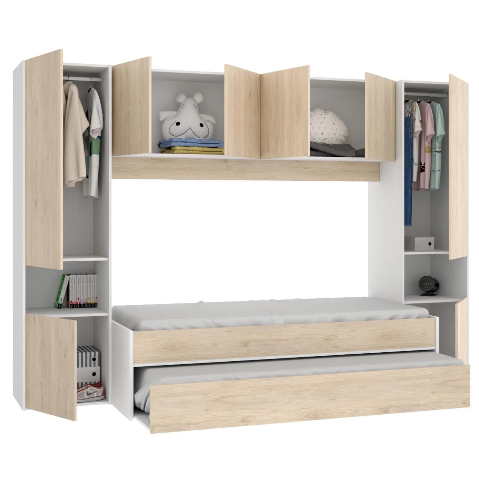 Cameretta a ponte 303x97 cm in legno bianco e naturale con letto estraibile e armadio - Kora