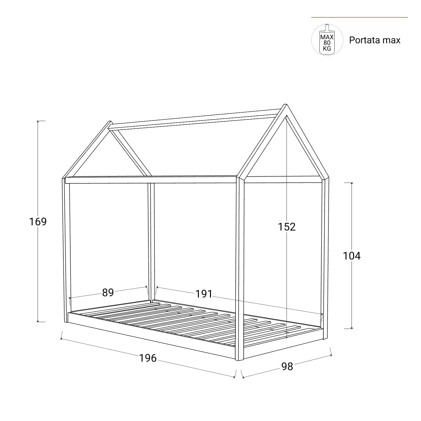 Letto per bambini 90x190 cm in legno naturale a forma di casetta - Lollipop