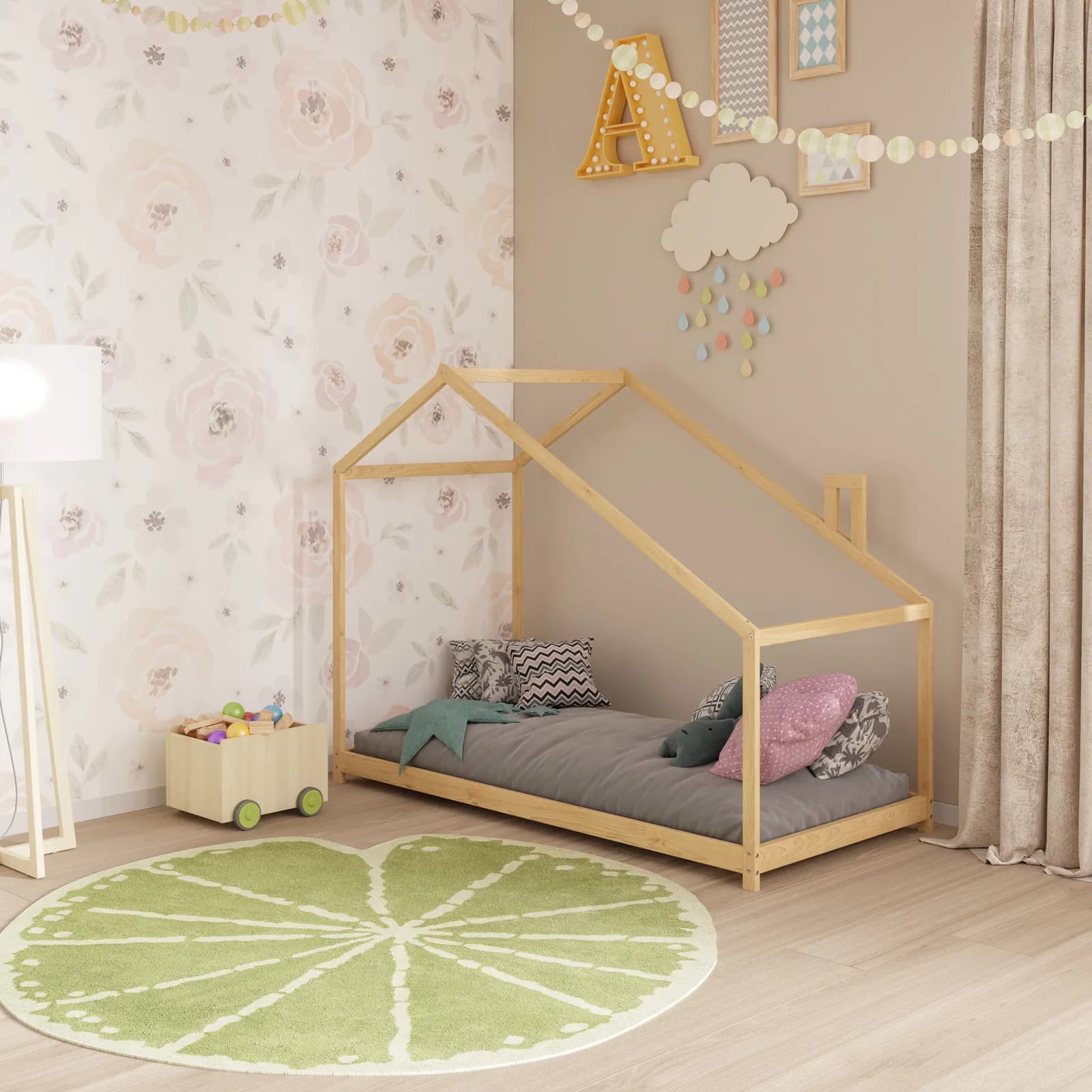 Letto per bambini 90x190 cm in legno naturale a forma di casa - Lollipop