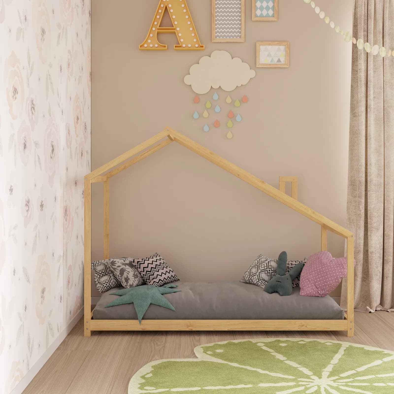 Letto per bambini 90x190 cm in legno naturale a forma di casa - Lollipop