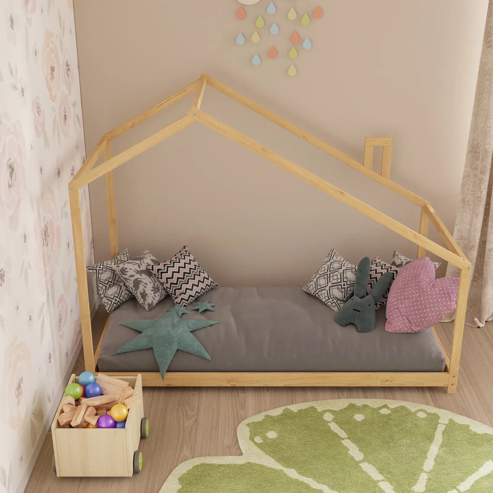 Letto per bambini 90x190 cm in legno naturale a forma di casa - Lollipop