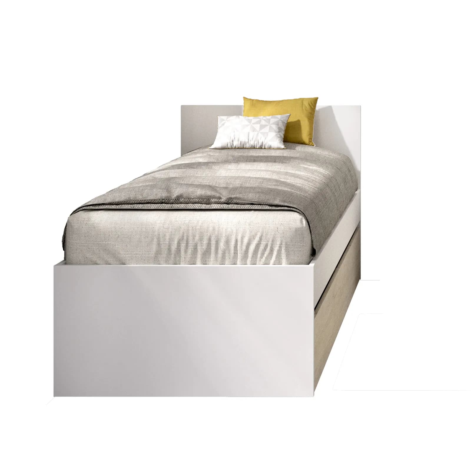 Letto singolo 90x190 cm bianco con testata e letto estraibile effetto rovere naturale - Thera