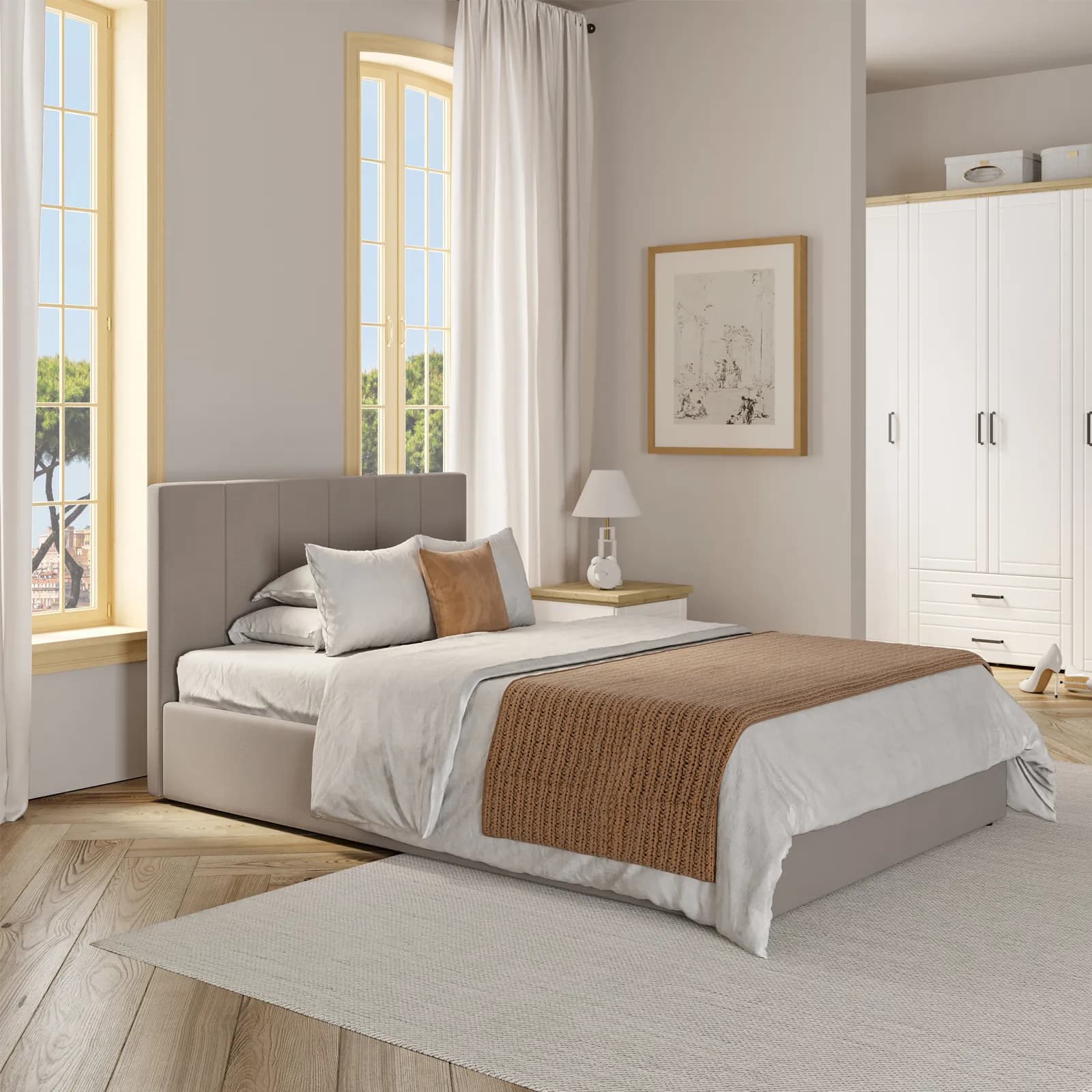 Letto una piazza e mezzo 120x190 cm in tessuto tortora chiaro - Ashton