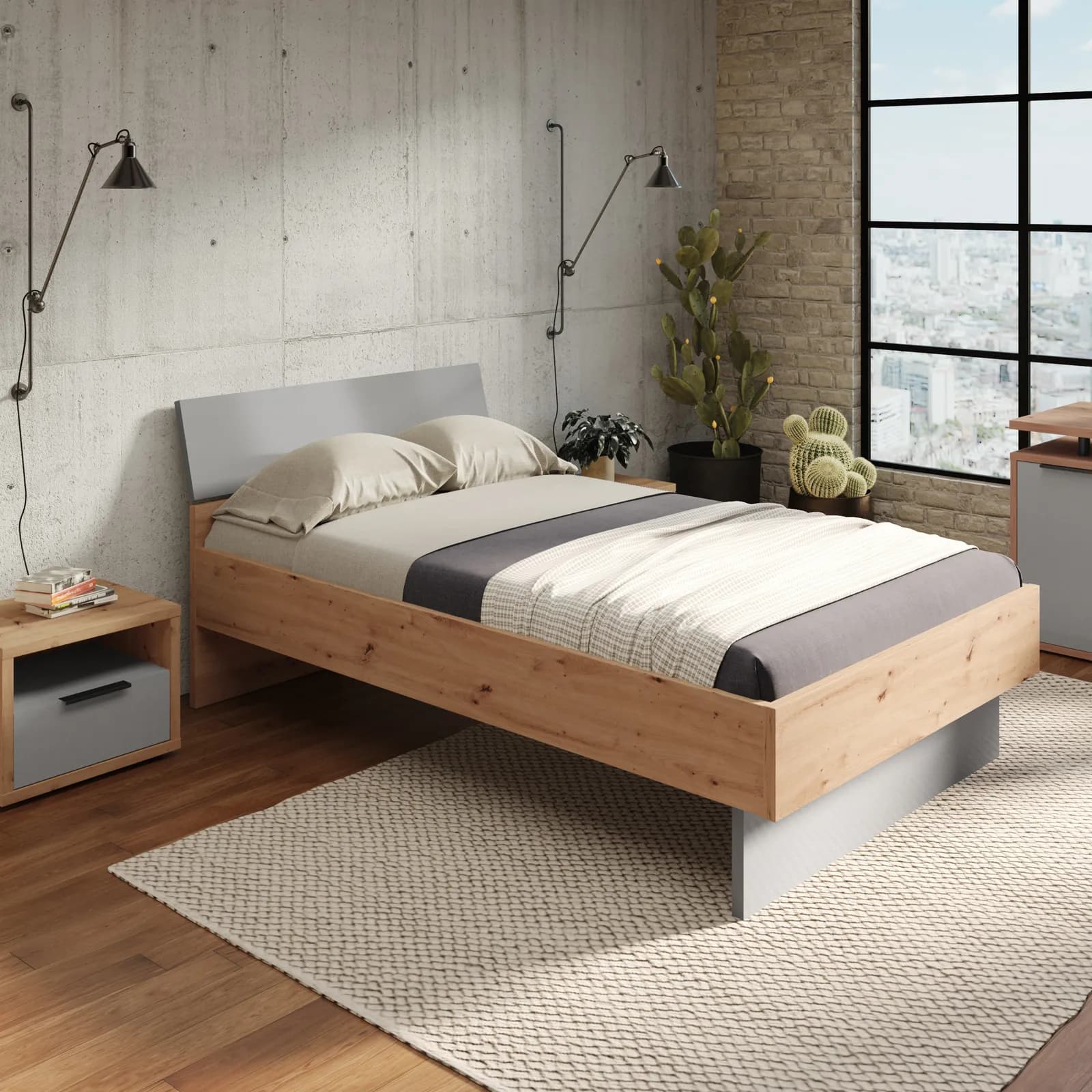 Letto una piazza e mezzo 120x200 cm rovere artisan e grigio lucido - Leeds Night