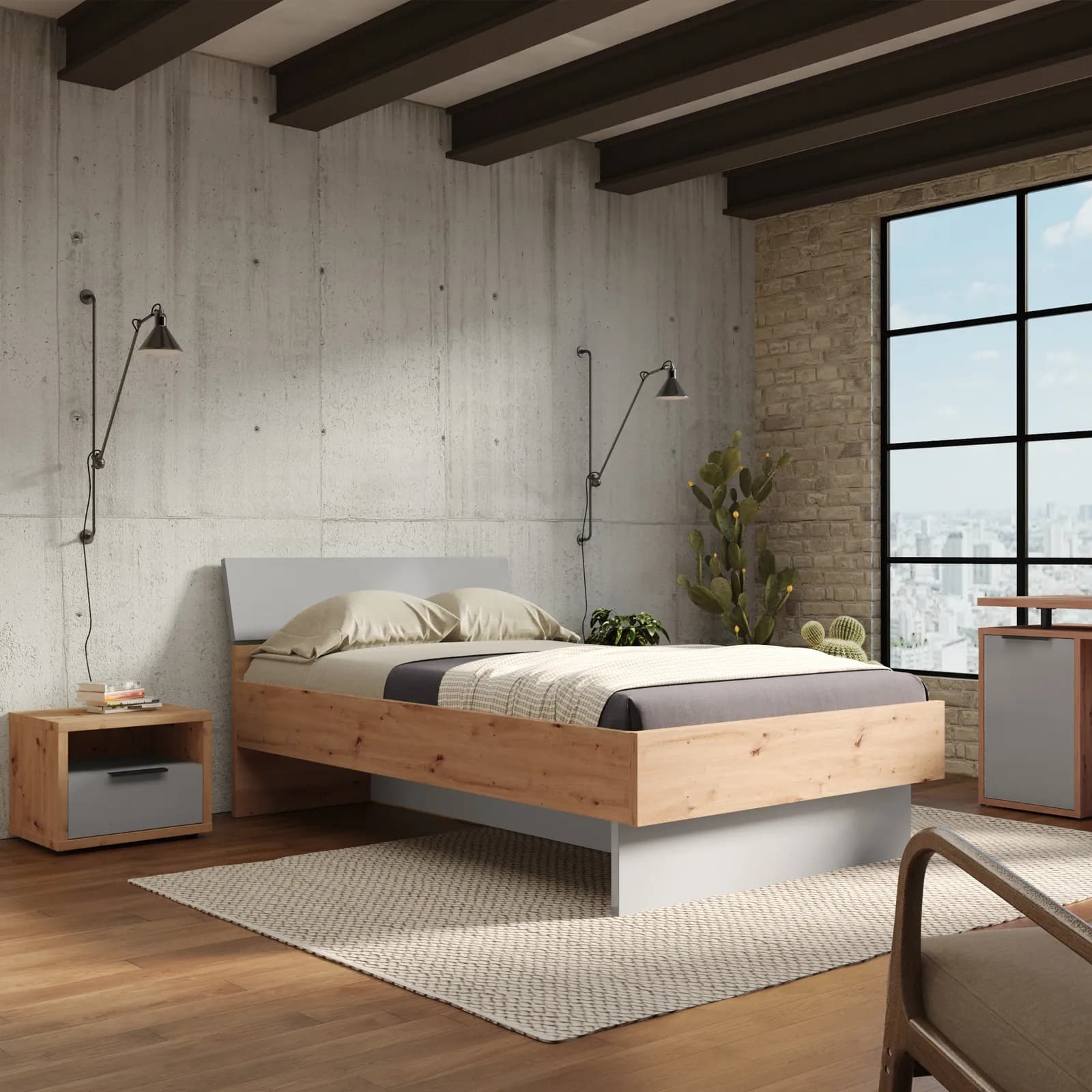 Letto una piazza e mezzo 120x200 cm rovere artisan e grigio lucido - Leeds Night