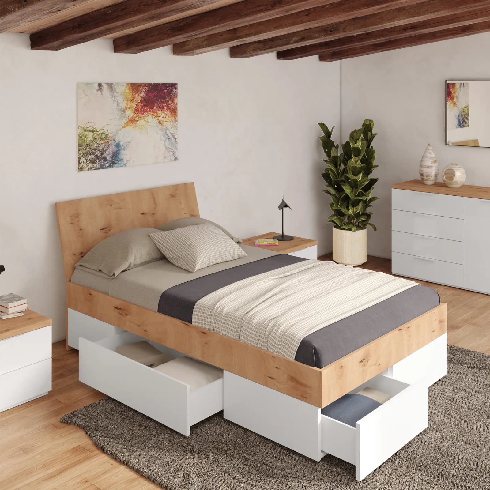 Letto una piazza e mezzo 120x200 cm rovere artisan e bianco lucido con 4 cassetti - Boras