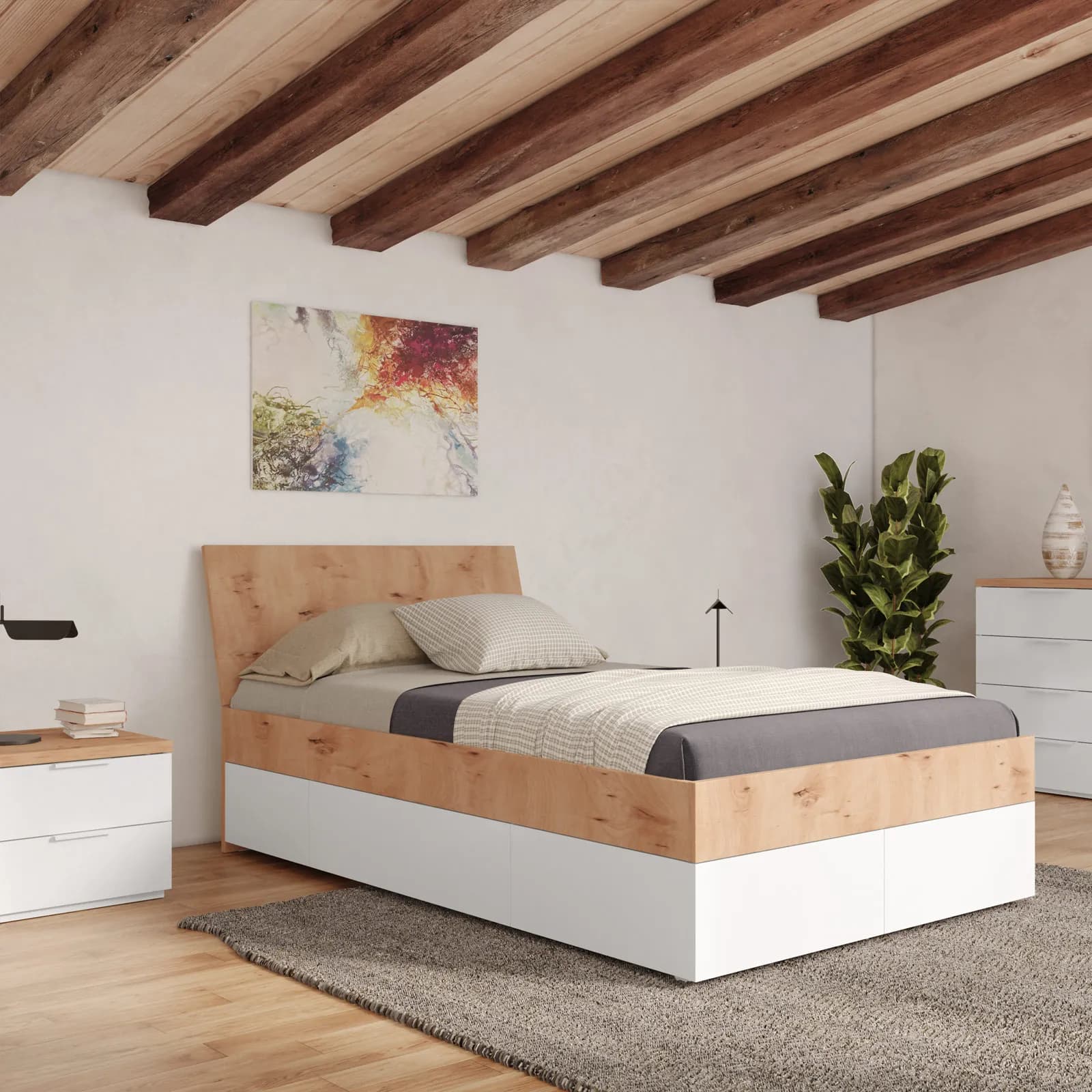 Letto una piazza e mezzo 120x200 cm rovere artisan e bianco lucido con 4 cassetti - Boras