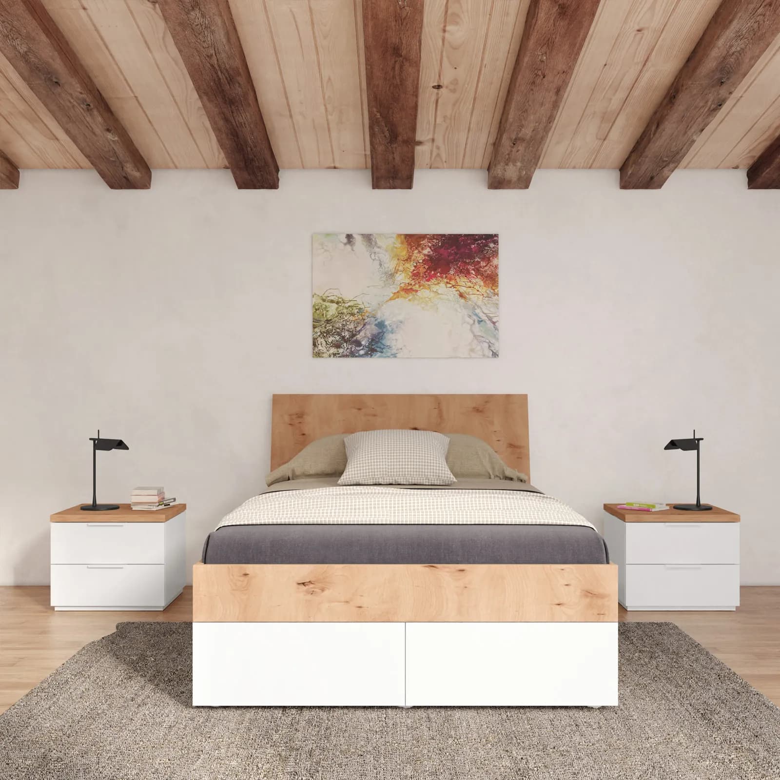 Letto una piazza e mezzo 120x200 cm rovere artisan e bianco lucido con 4 cassetti - Boras