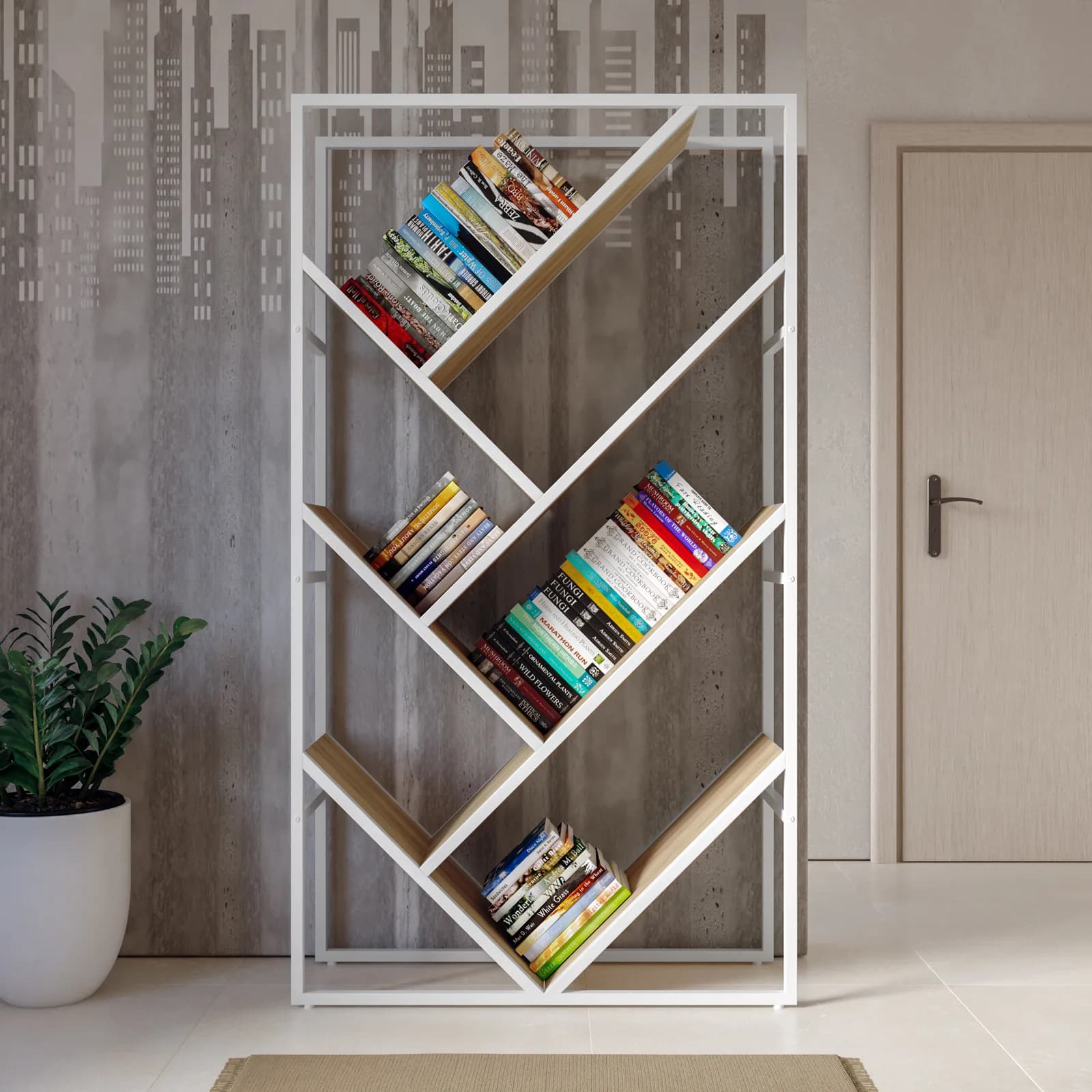 Libreria 100x180h cm con ripiani inclinati effetto rovere sussex e struttura in metallo bianco - Apta