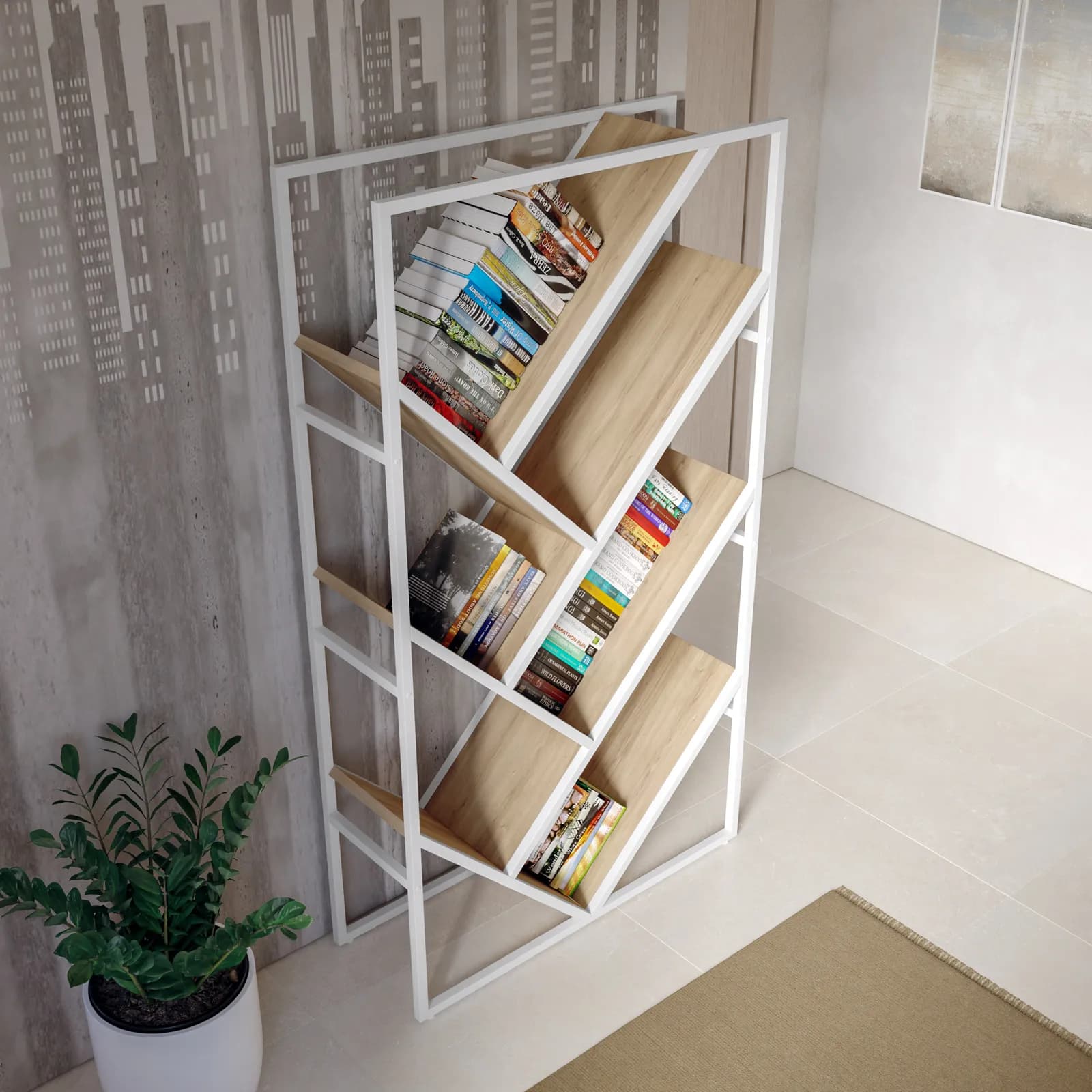 Libreria 100x180h cm con ripiani inclinati effetto rovere sussex e struttura in metallo bianco - Apta