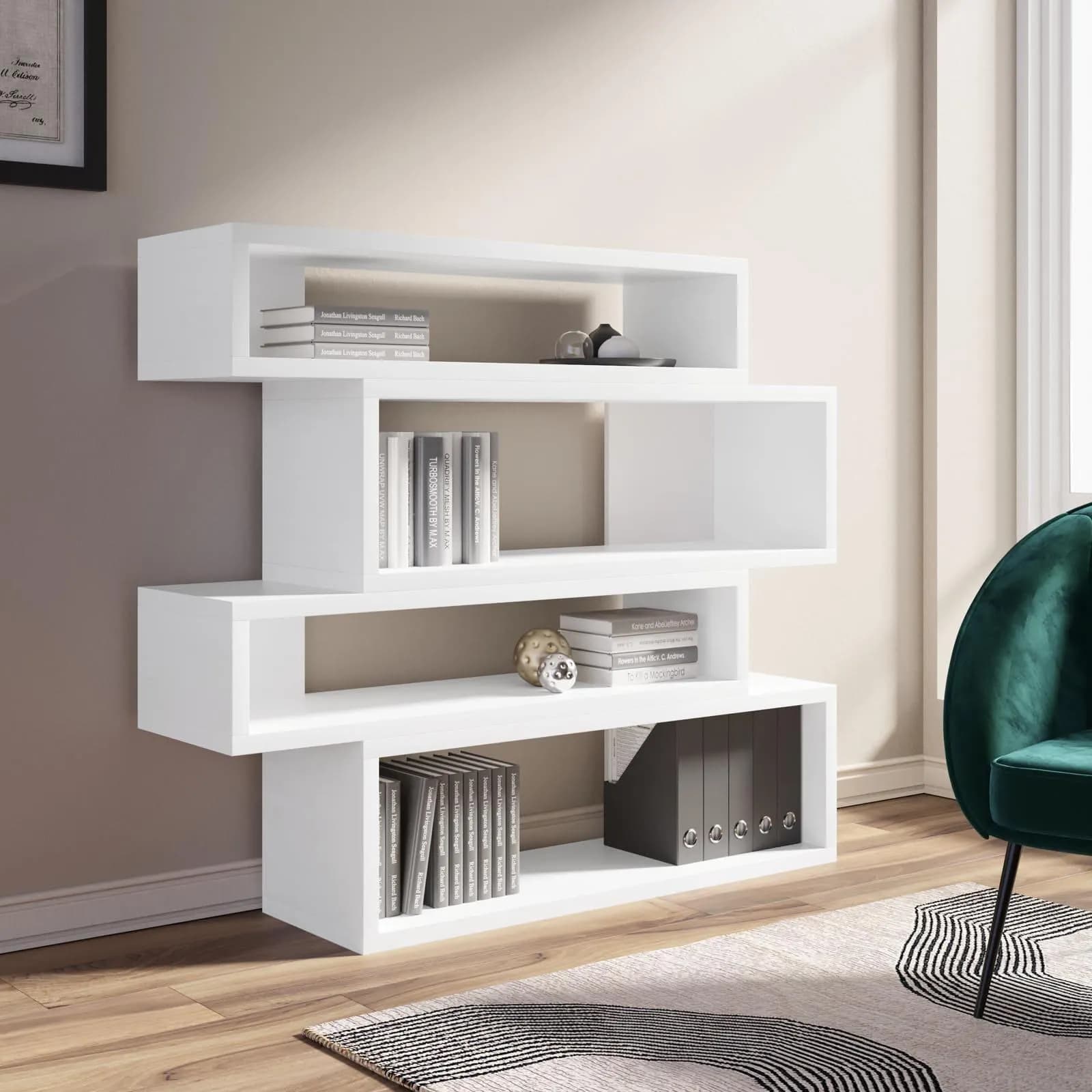 Libreria 140x123h cm in legno bianco opaco con 4 vani sfalsati - Avalon