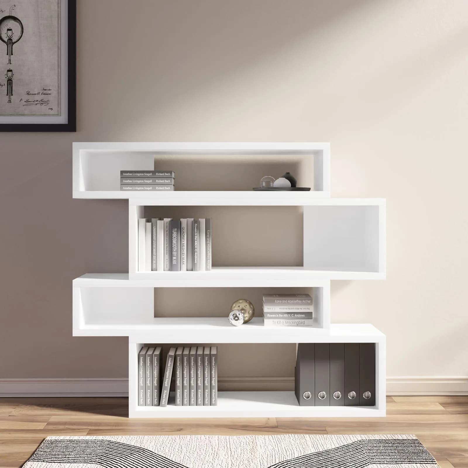 Libreria 140x123h cm in legno bianco opaco con 4 vani sfalsati - Avalon
