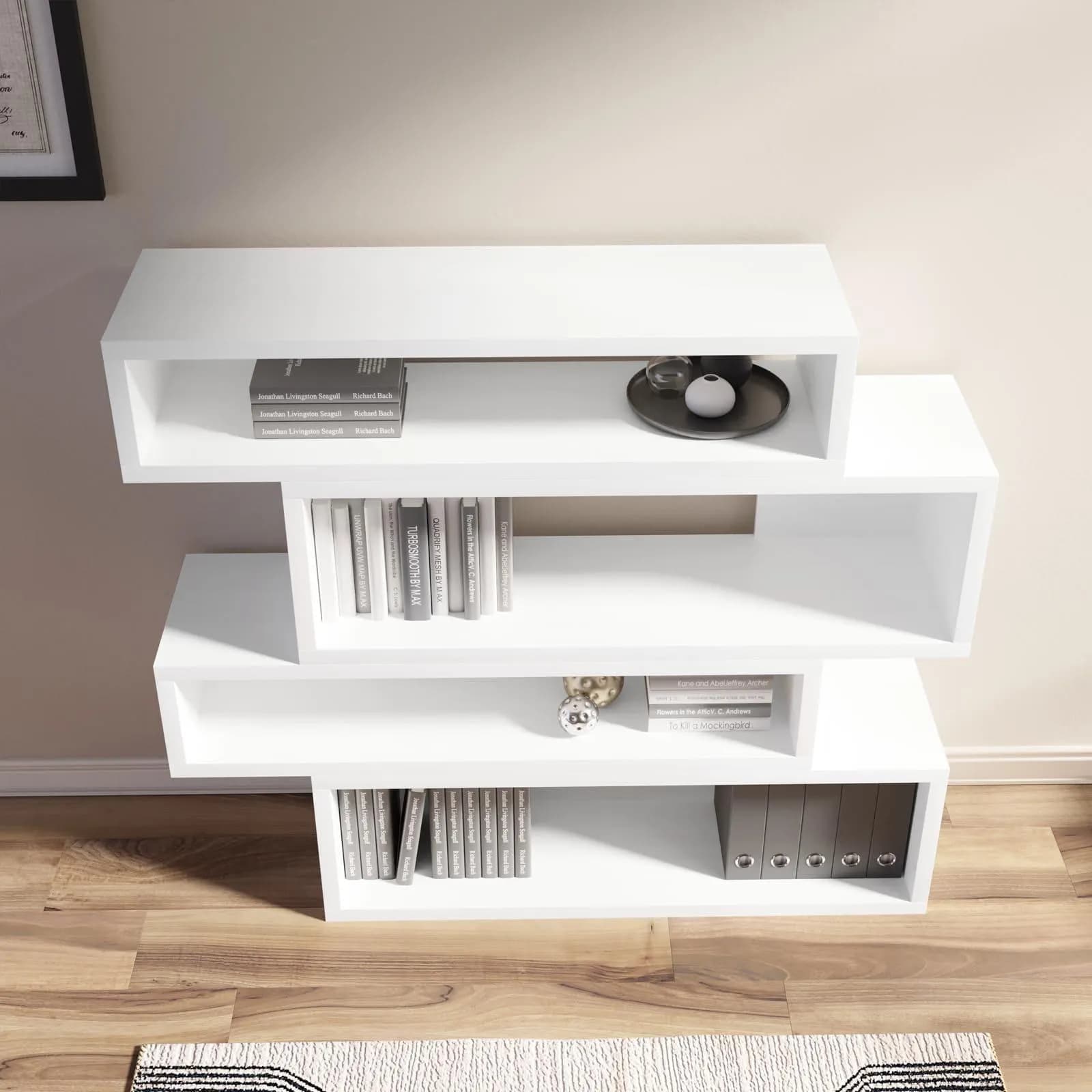 Libreria 140x123h cm in legno bianco opaco con 4 vani sfalsati - Avalon