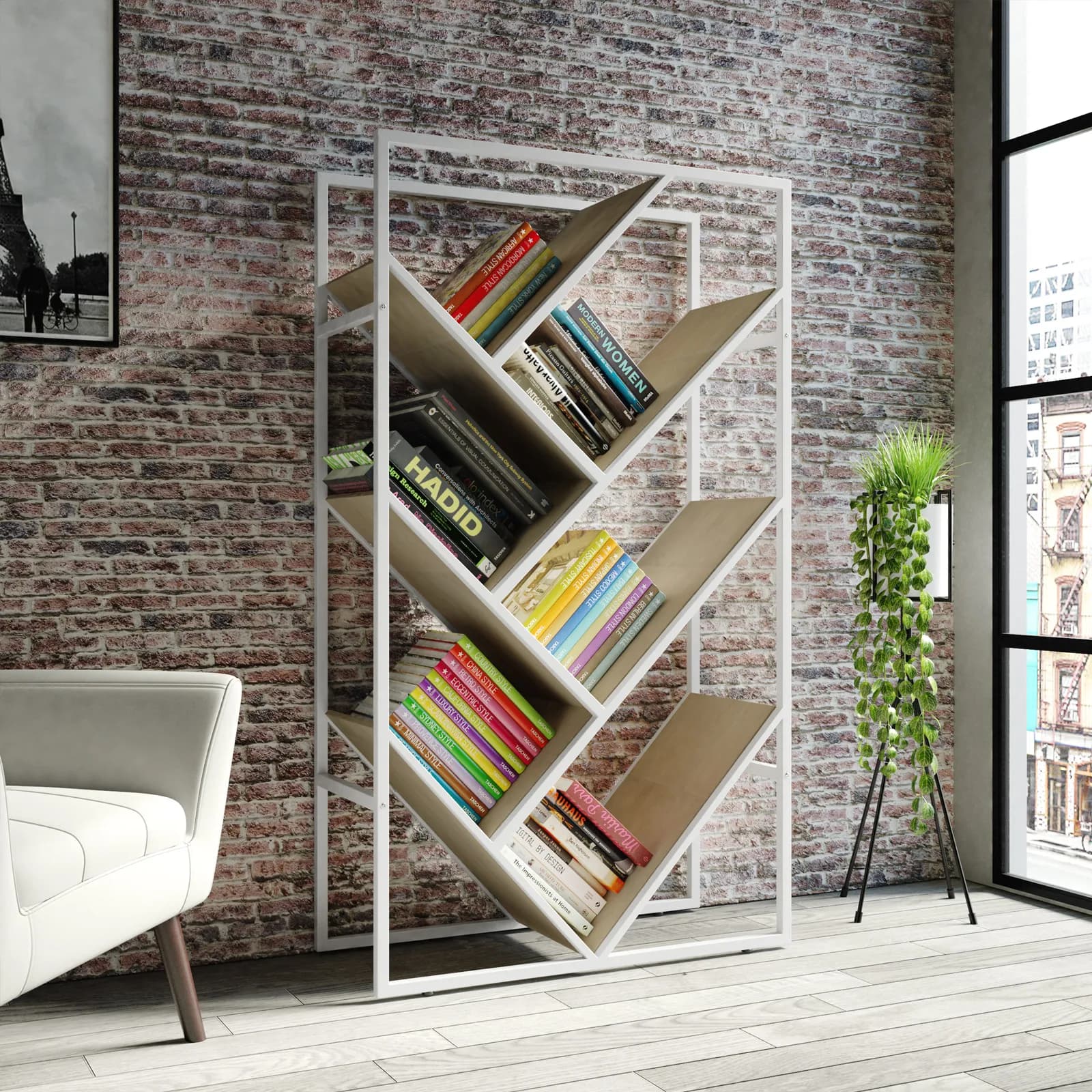 Libreria 80x140h cm con ripiani inclinati effetto rovere sussex e struttura in metallo bianco - Apta
