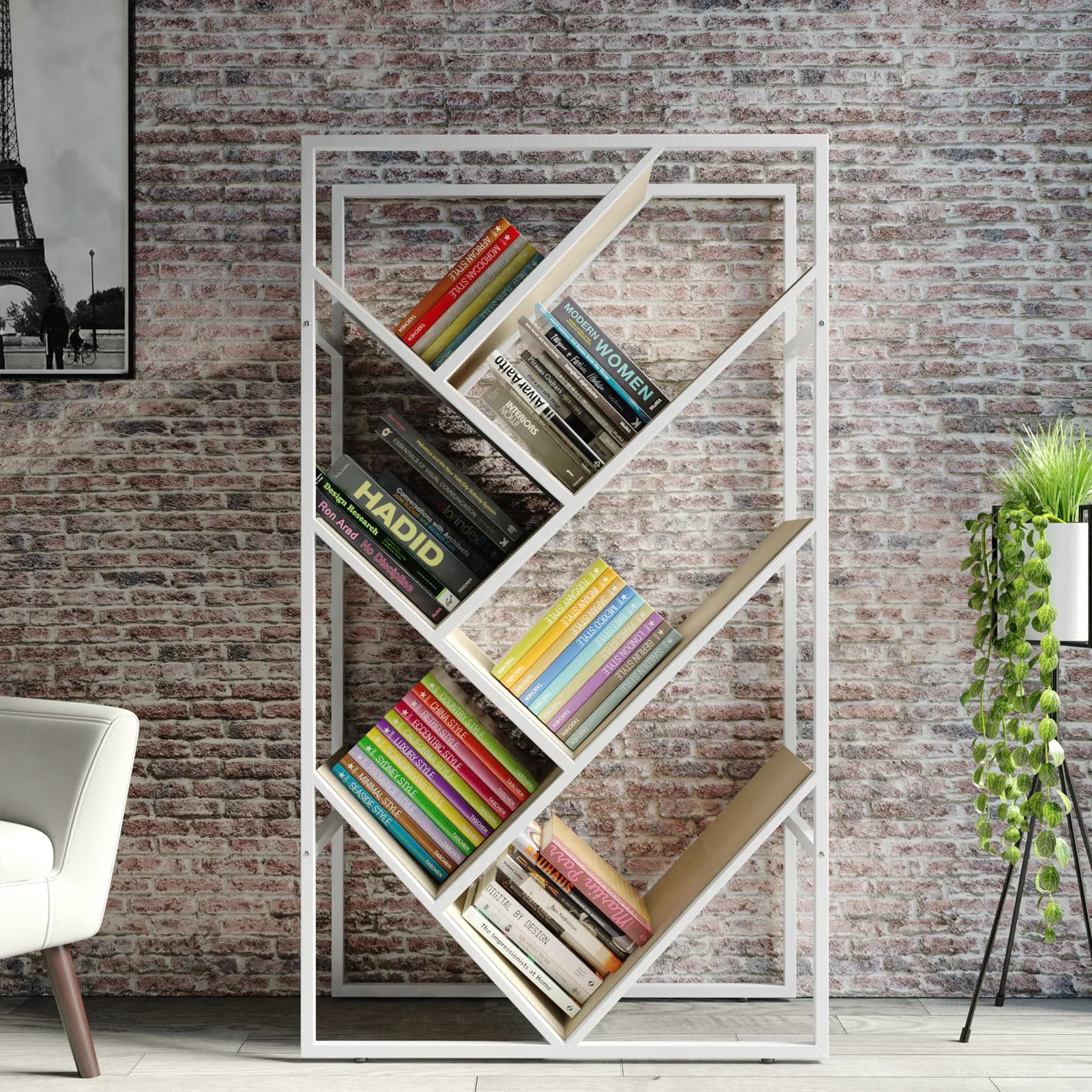 Libreria 80x140h cm con ripiani inclinati effetto rovere sussex e struttura in metallo bianco - Apta