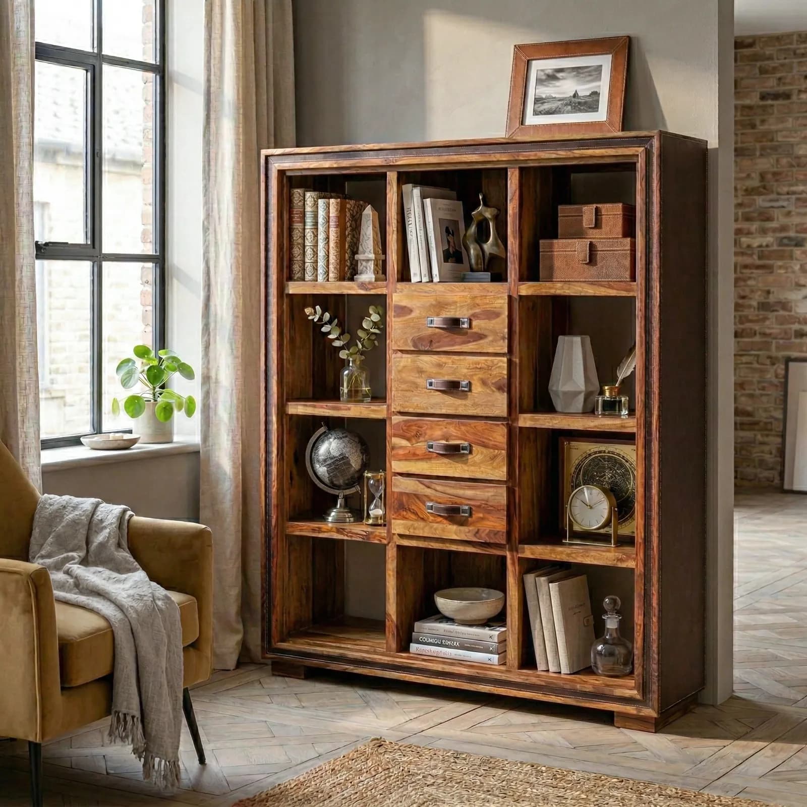 Libreria 148x181h cm in legno con vani a giorno e 4 cassetti - Freia Sheesham