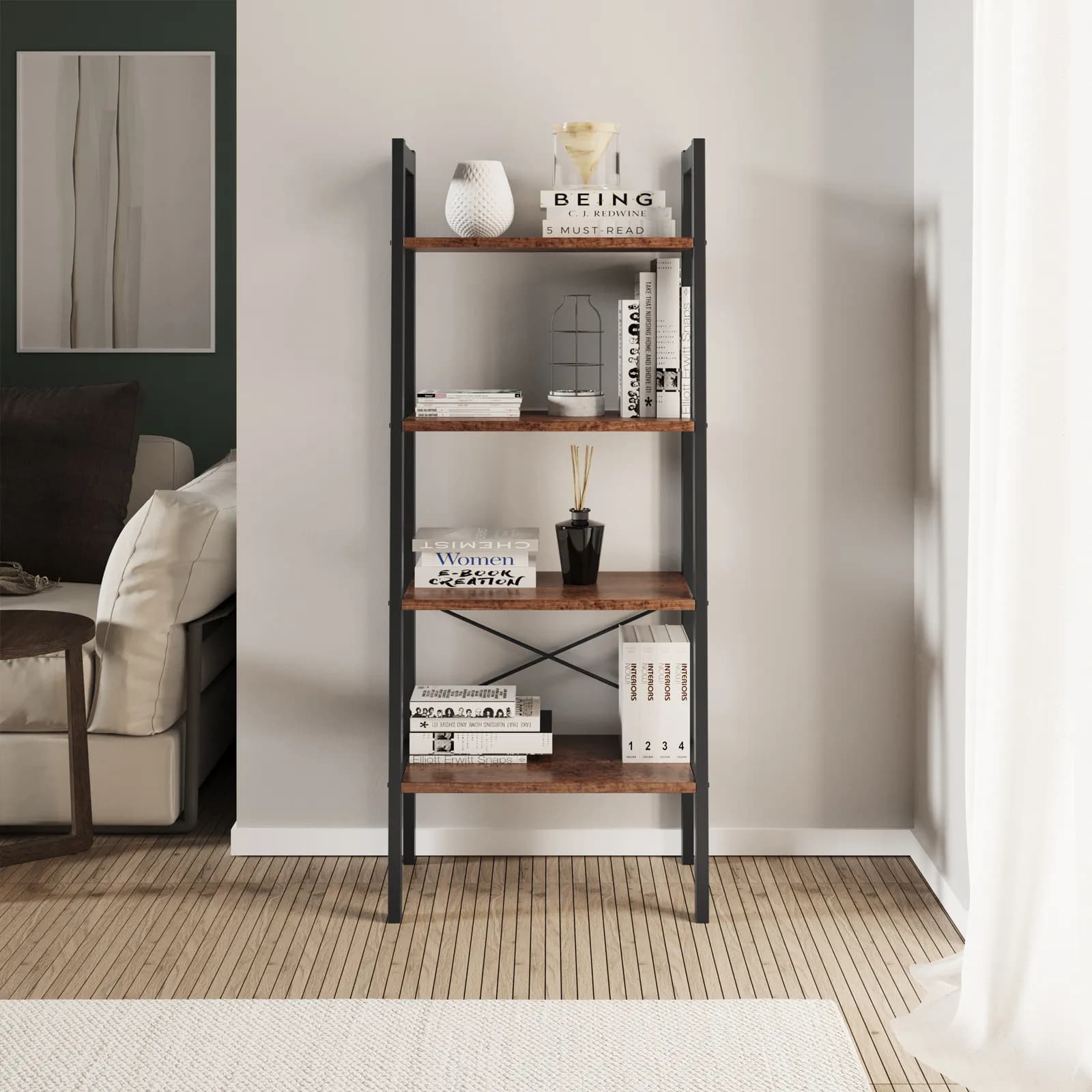 Libreria 56x138h ripiani noce e struttura in metallo nero - Lynx