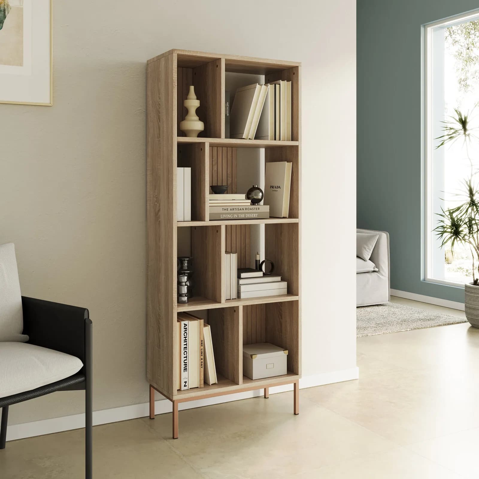 Libreria 63x159h cm rovere cannettato con struttura in acciaio oro bronzato - Kloser