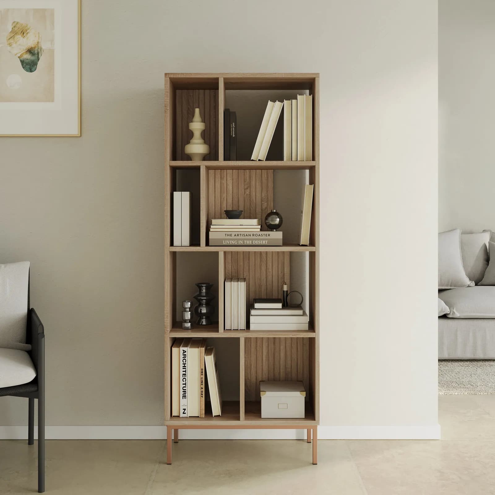Libreria 63x159h cm rovere cannettato con struttura in acciaio oro bronzato - Kloser