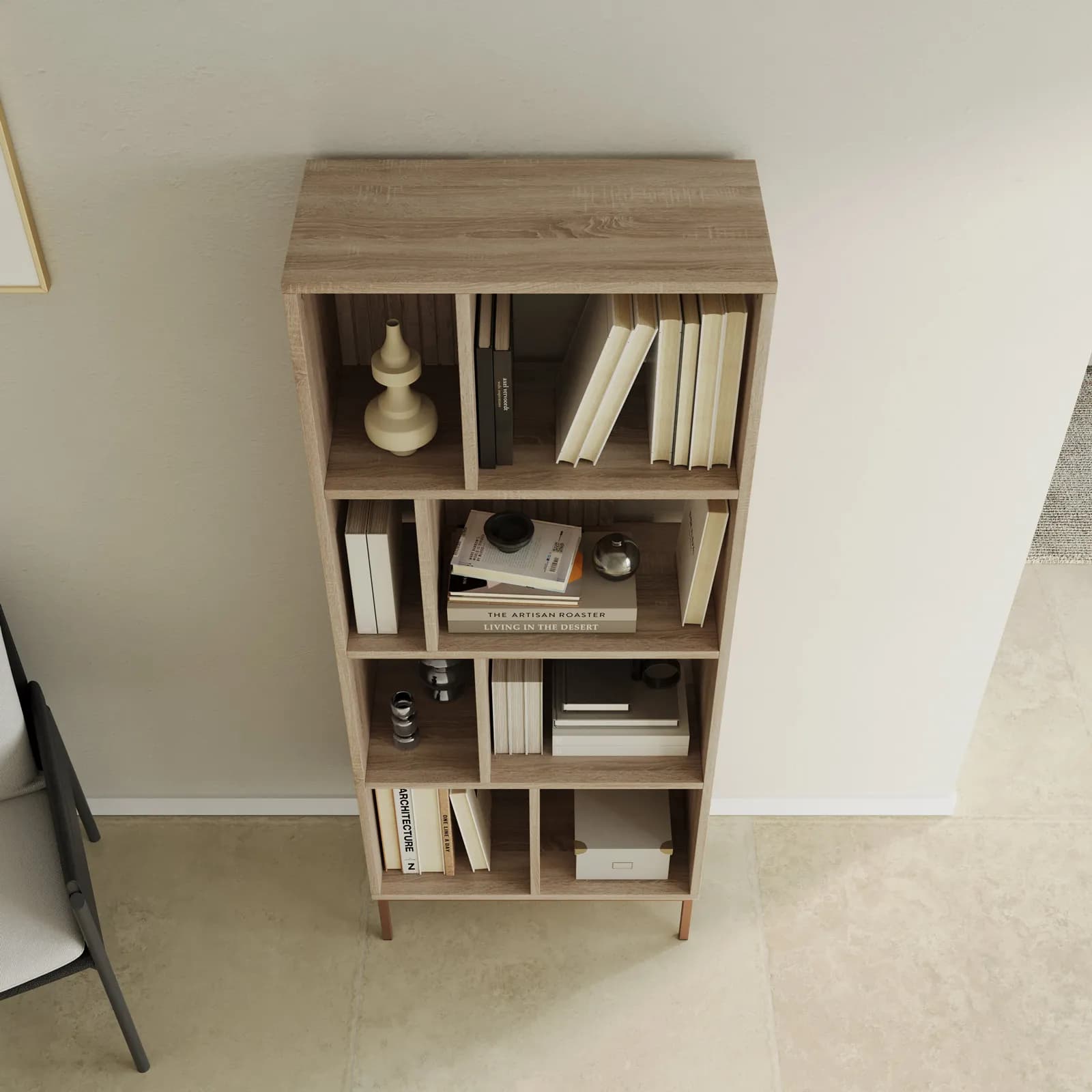 Libreria 63x159h cm rovere cannettato con struttura in acciaio oro bronzato - Kloser