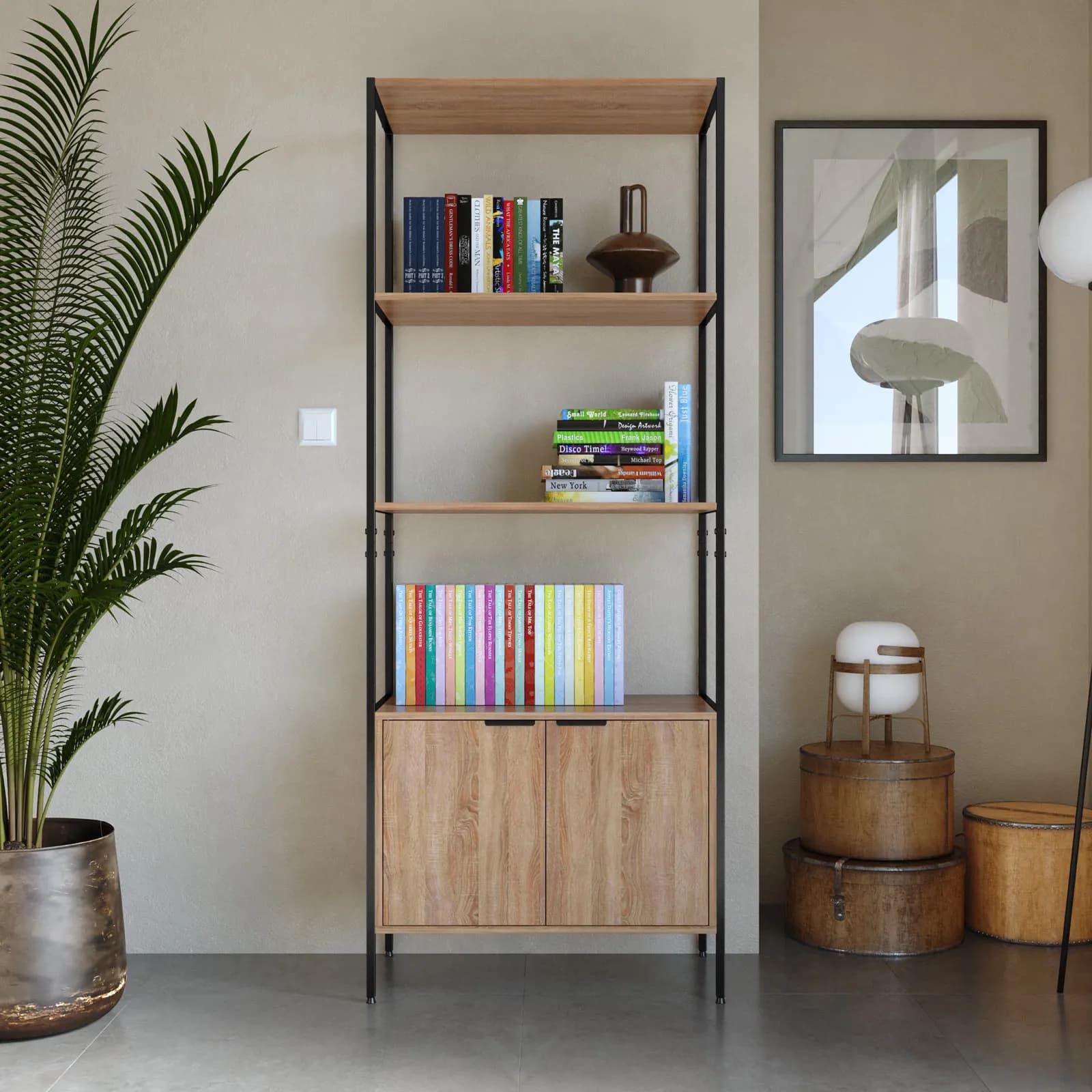 Libreria 68x176h effetto rovere selvatico con 3 ripiani e 2 ante - Shiga