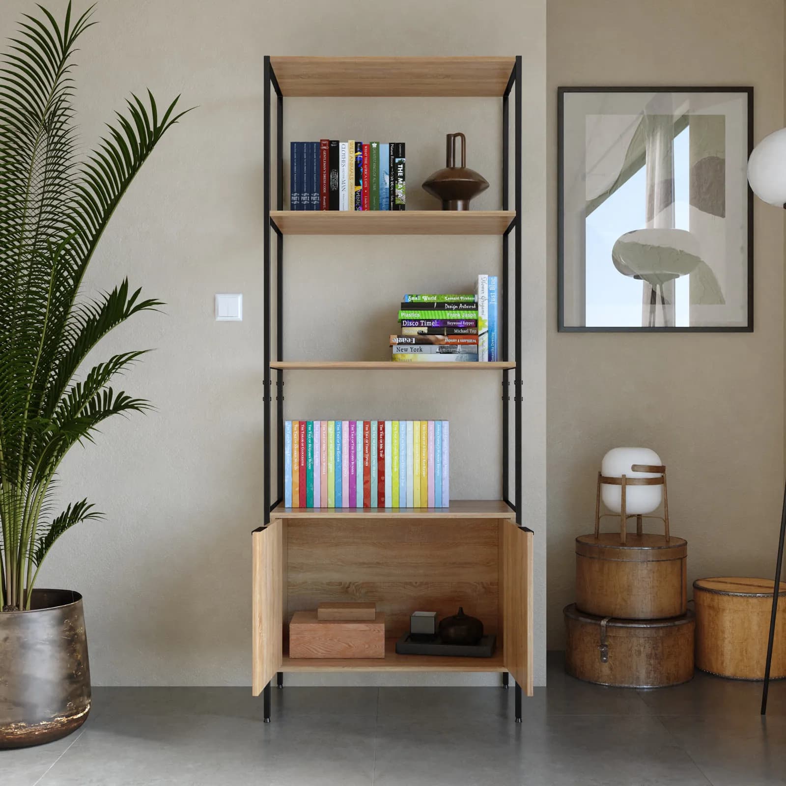 Libreria 68x176h effetto rovere selvatico con 3 ripiani e 2 ante - Shiga