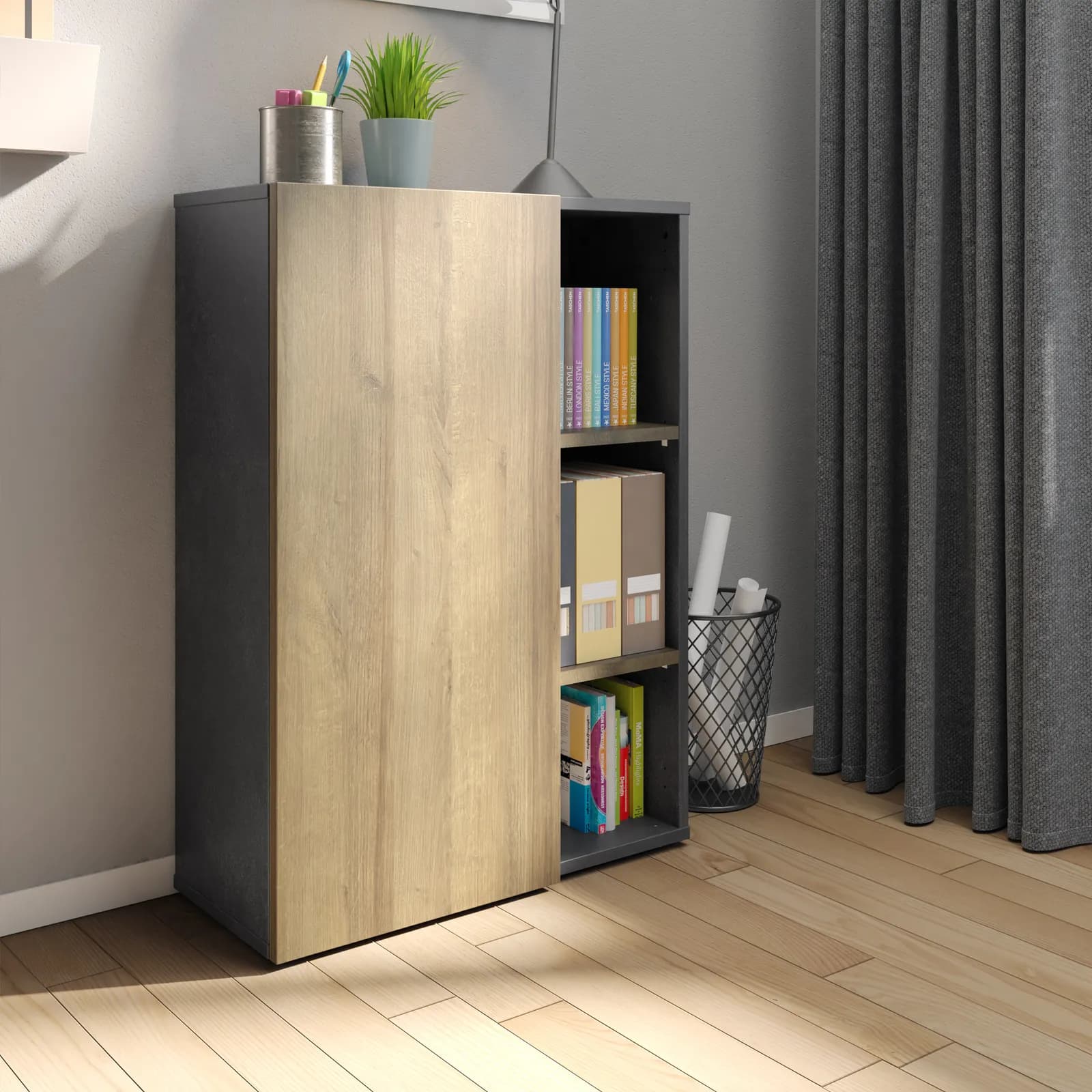 Libreria 80x111 cm grigio tadao con anta rovere artisan - Wells