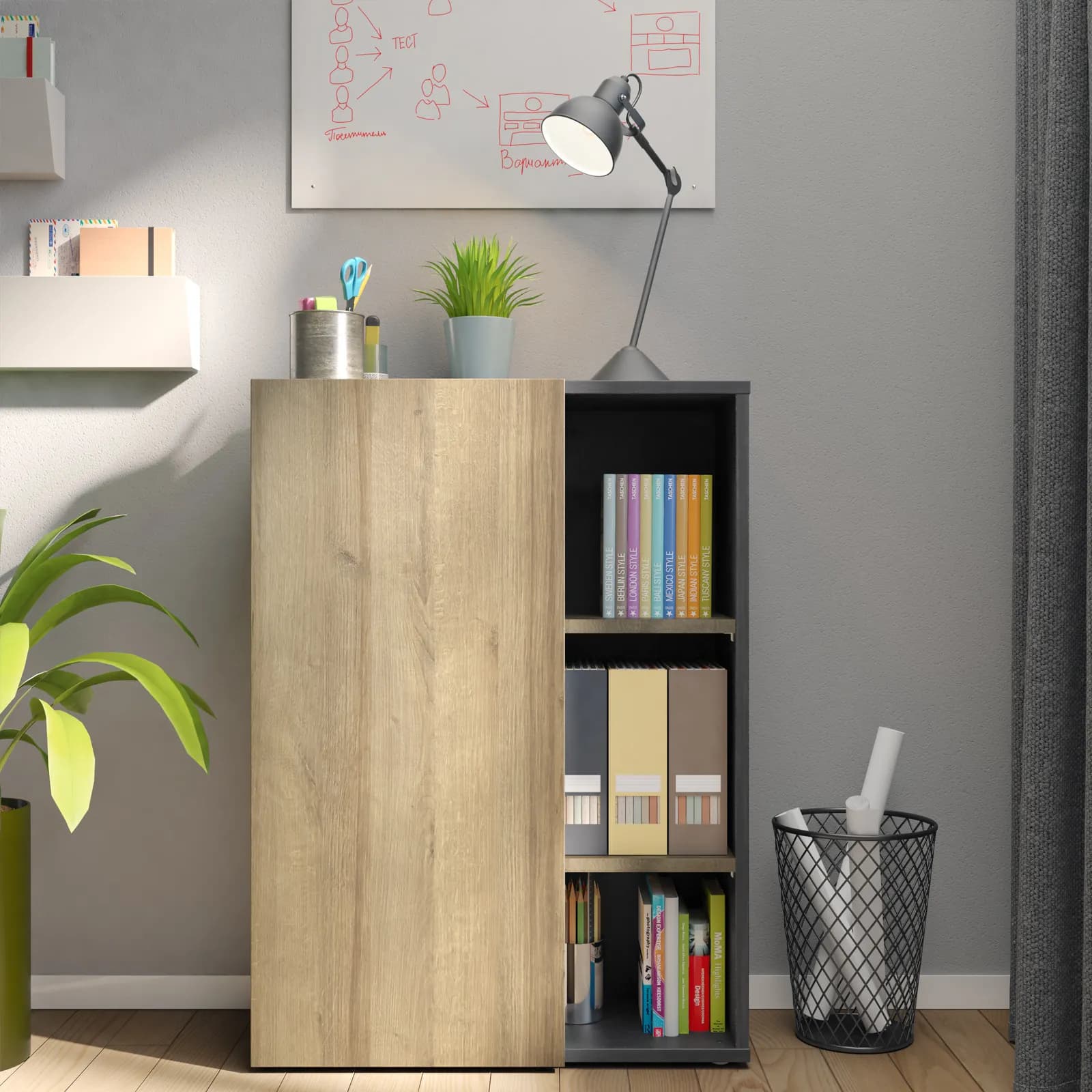 Libreria 80x111 cm grigio tadao con anta rovere artisan - Wells