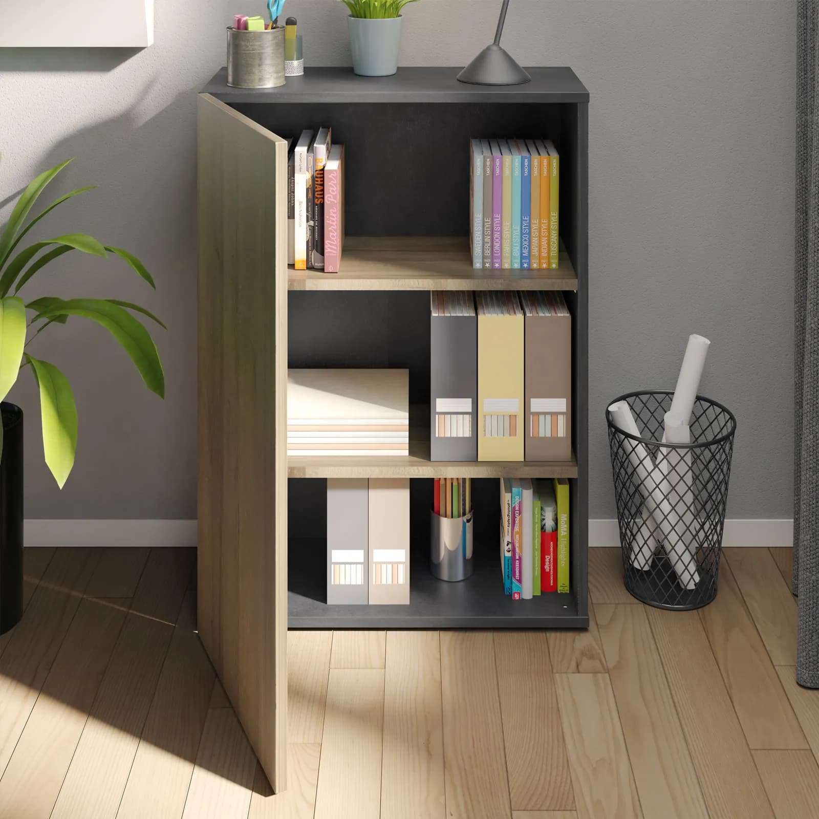 Libreria 80x111 cm grigio tadao con anta rovere artisan - Wells