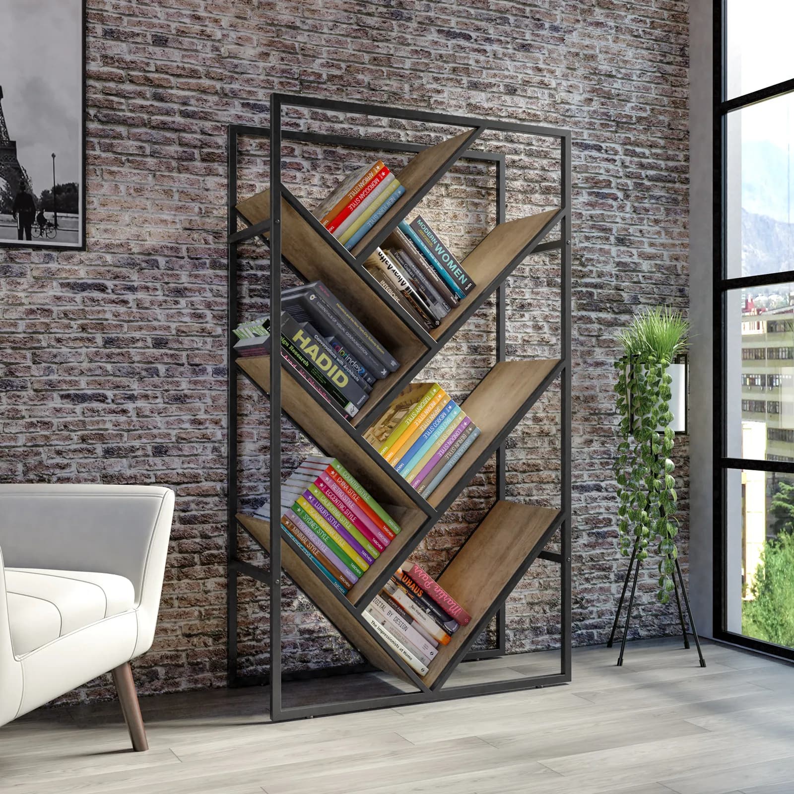 Libreria 80x140h cm con ripiani inclinati effetto rovere sussex e struttura in metallo nero - Apta