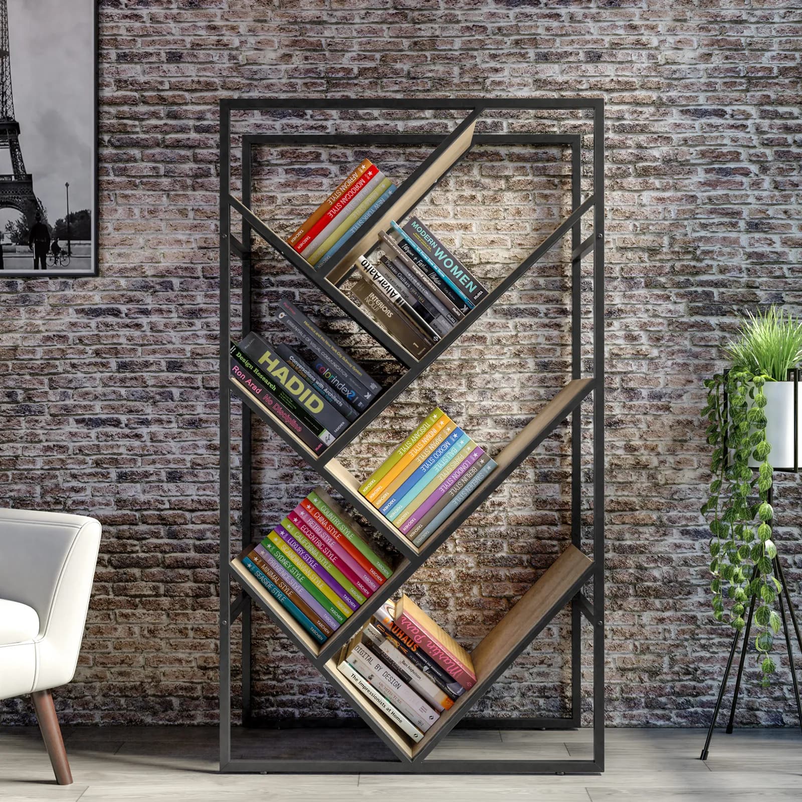 Libreria 80x140h cm con ripiani inclinati effetto rovere sussex e struttura in metallo nero - Apta