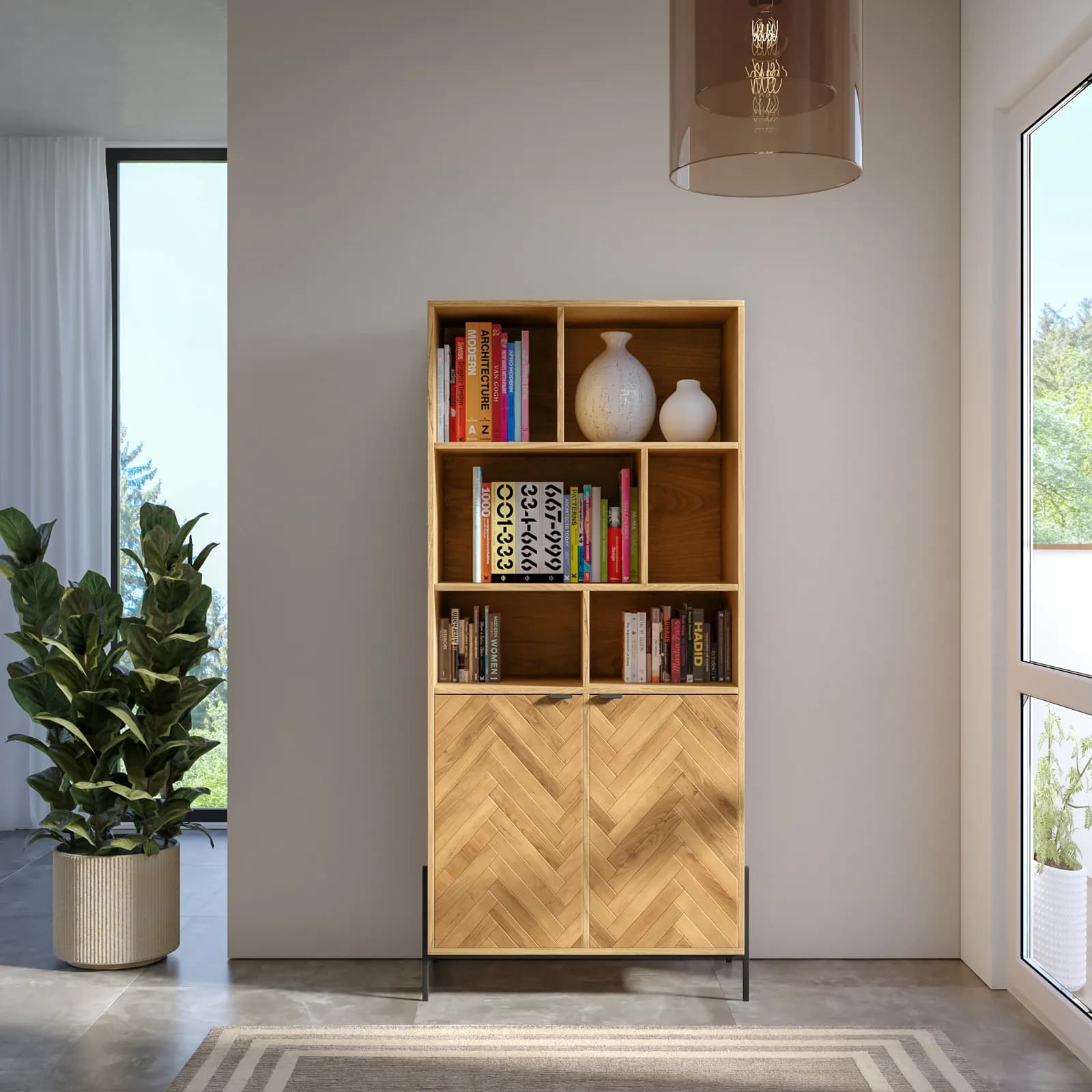 Libreria 80x172h cm in legno rovere chiaro effetto parquet con 2 ante e struttura in metallo nero opaco - Mufasa