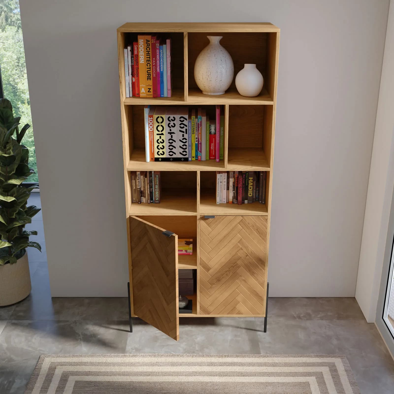 Libreria 80x172h cm in legno rovere chiaro effetto parquet con 2 ante e struttura in metallo nero opaco - Mufasa