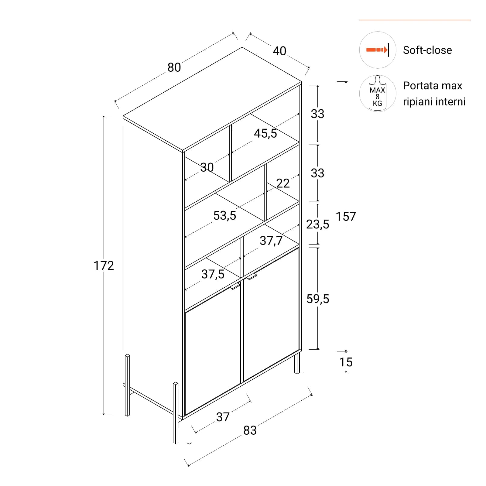 Libreria 80x172h cm in legno rovere chiaro effetto parquet con 2 ante e struttura in metallo nero opaco - Mufasa