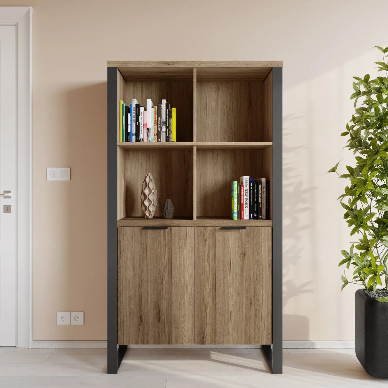Libreria 90x160h cm rovere western con 2 ante e struttura in metallo nero - Belvedere