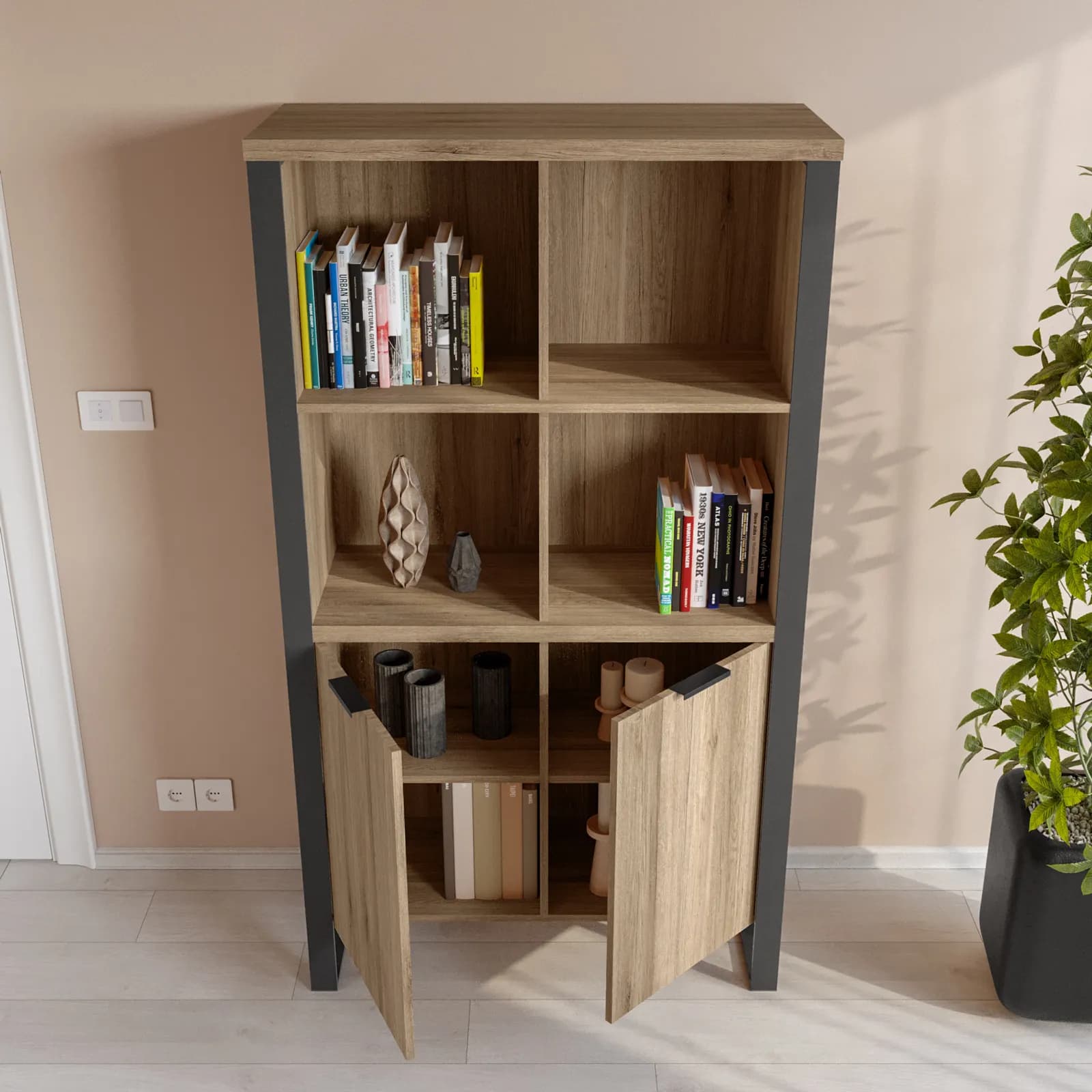 Libreria 90x160h cm rovere western con 2 ante e struttura in metallo nero - Belvedere