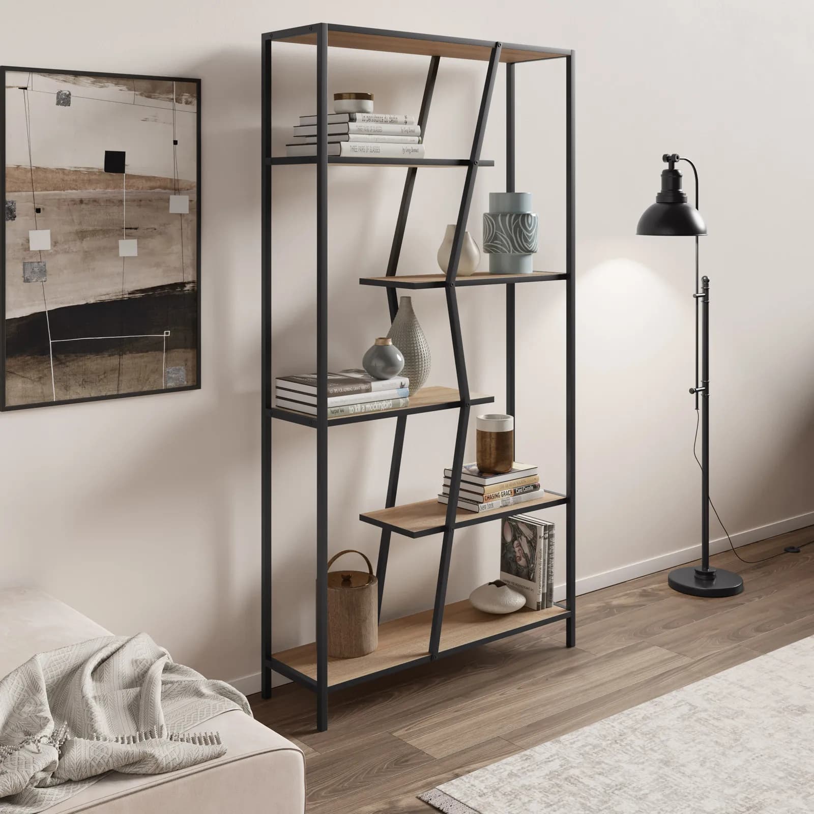 Libreria 94x180 cm rovere con struttura in metallo nero - Dandi
