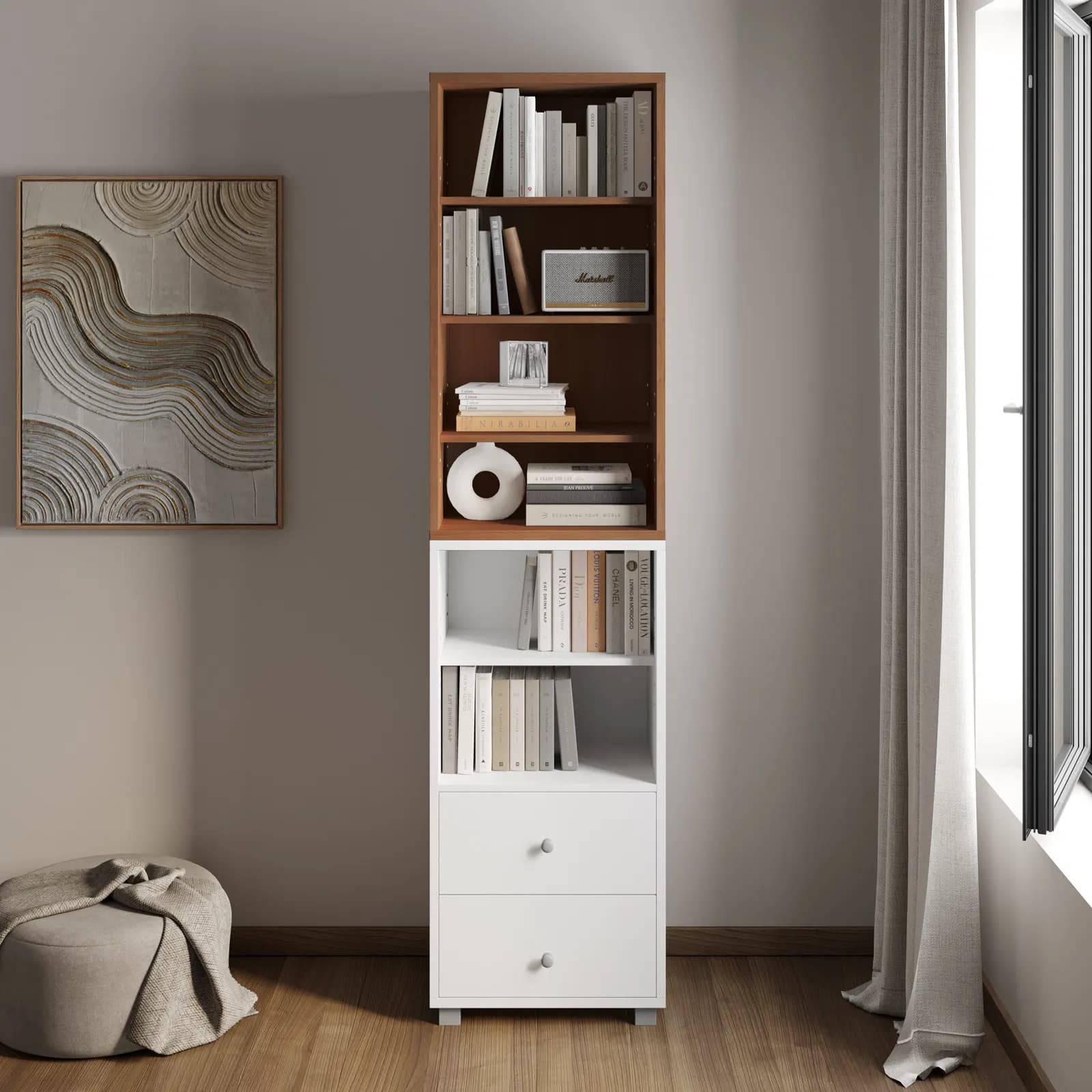 Libreria modulare 49x197h cm effetto ciliegio con 2 cassetti bianchi - Modar