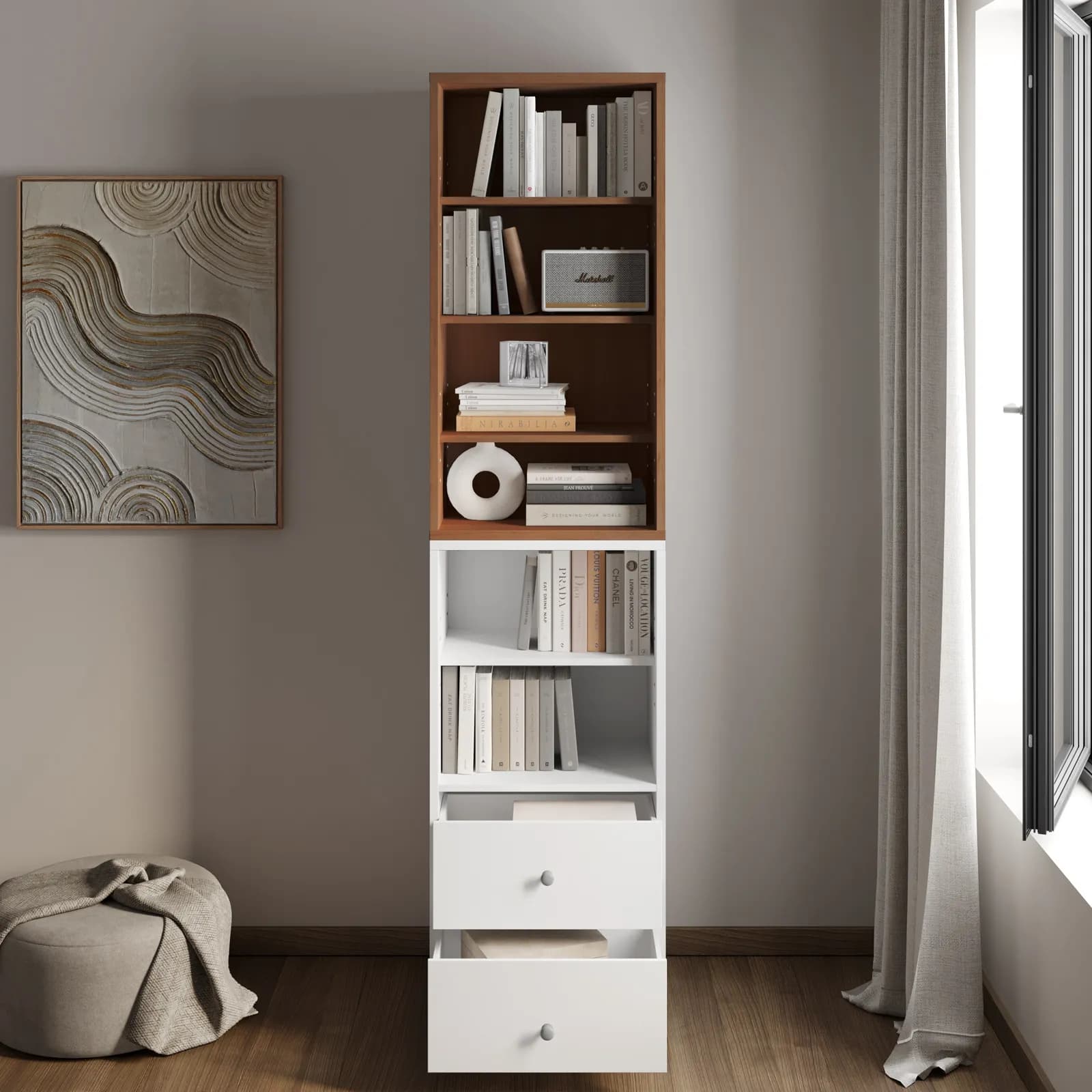 Libreria modulare 49x197h cm effetto ciliegio con 2 cassetti bianchi - Modar