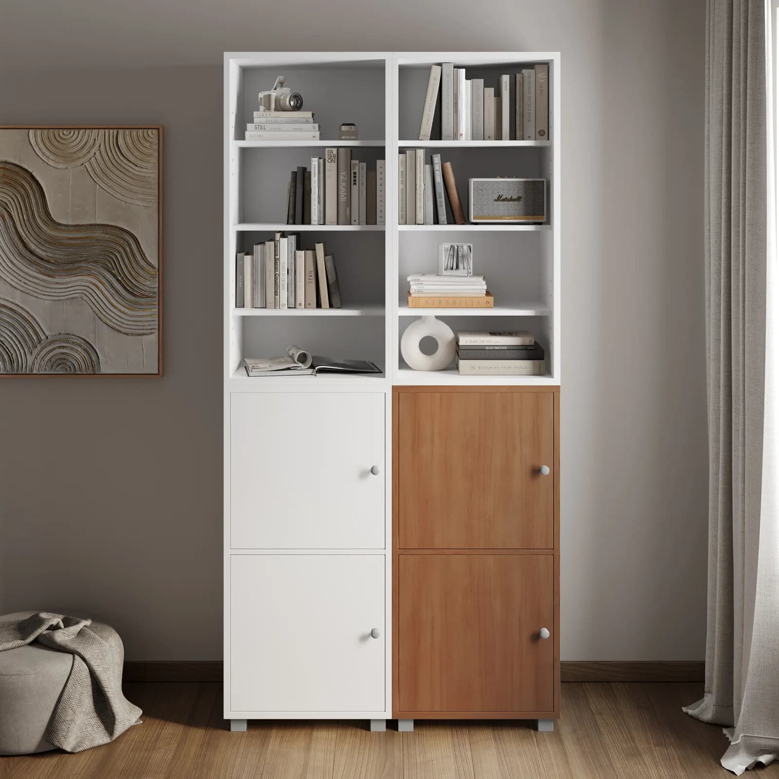Libreria modulare 97x197h cm bianca con 2 ante ciliegio - Modar