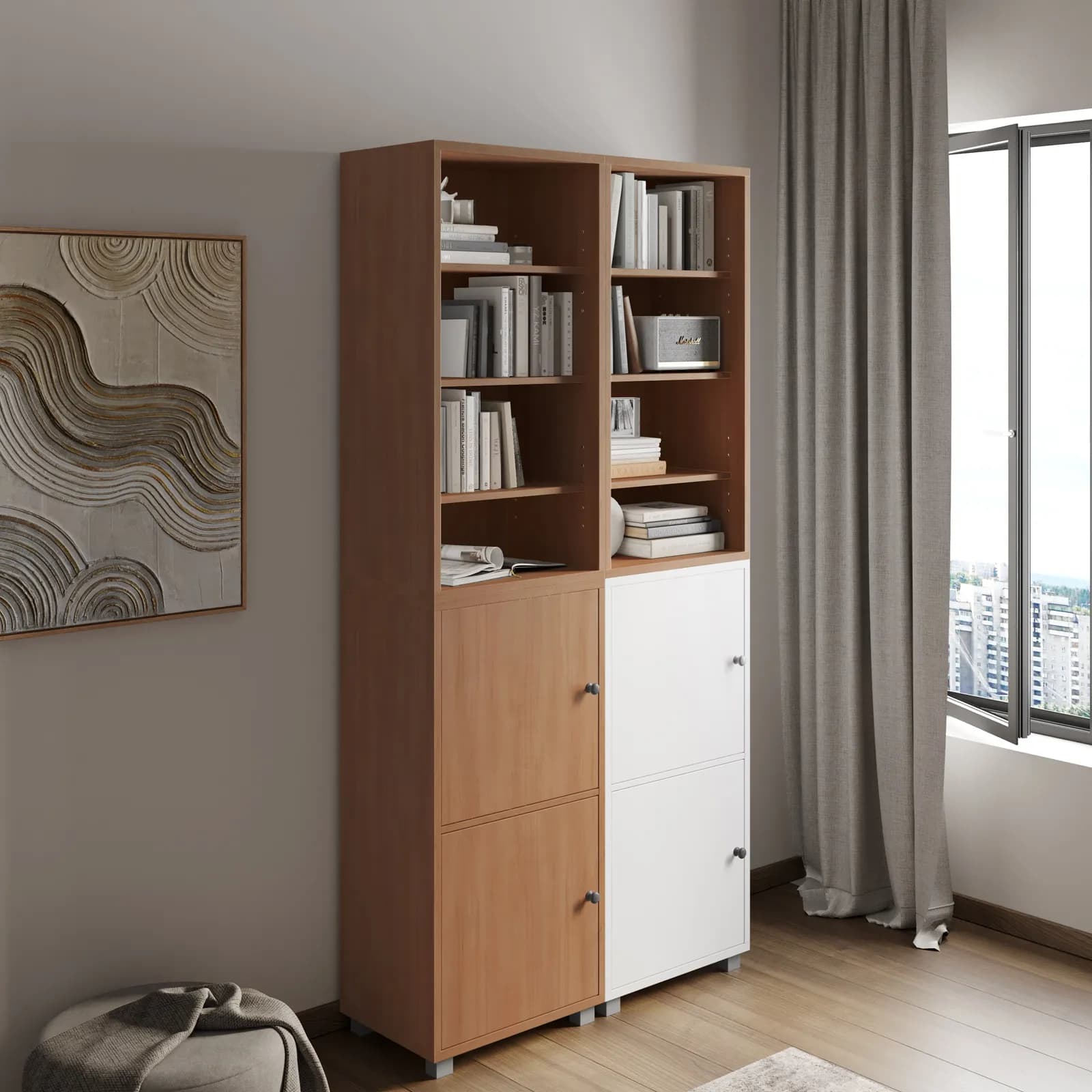 Libreria modulare 97x197h cm effetto ciliegio con 2 ante bianche - Modar
